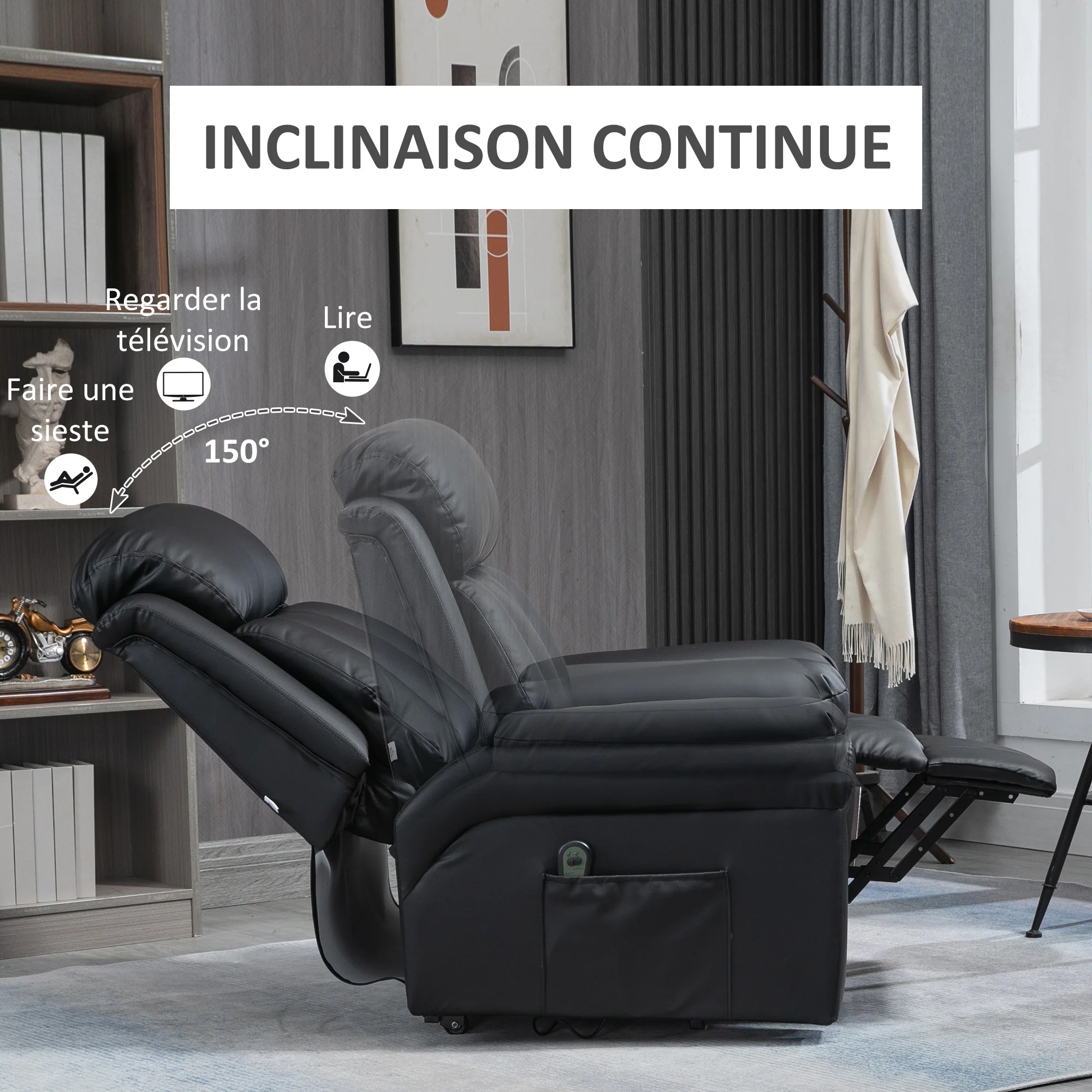 Fauteuil releveur électrique, fauteuil relax électrique avec repose-pied ajustable, dossier inclinable, télécommande, poche latérale, pour personnes âgées, noir - Image 6