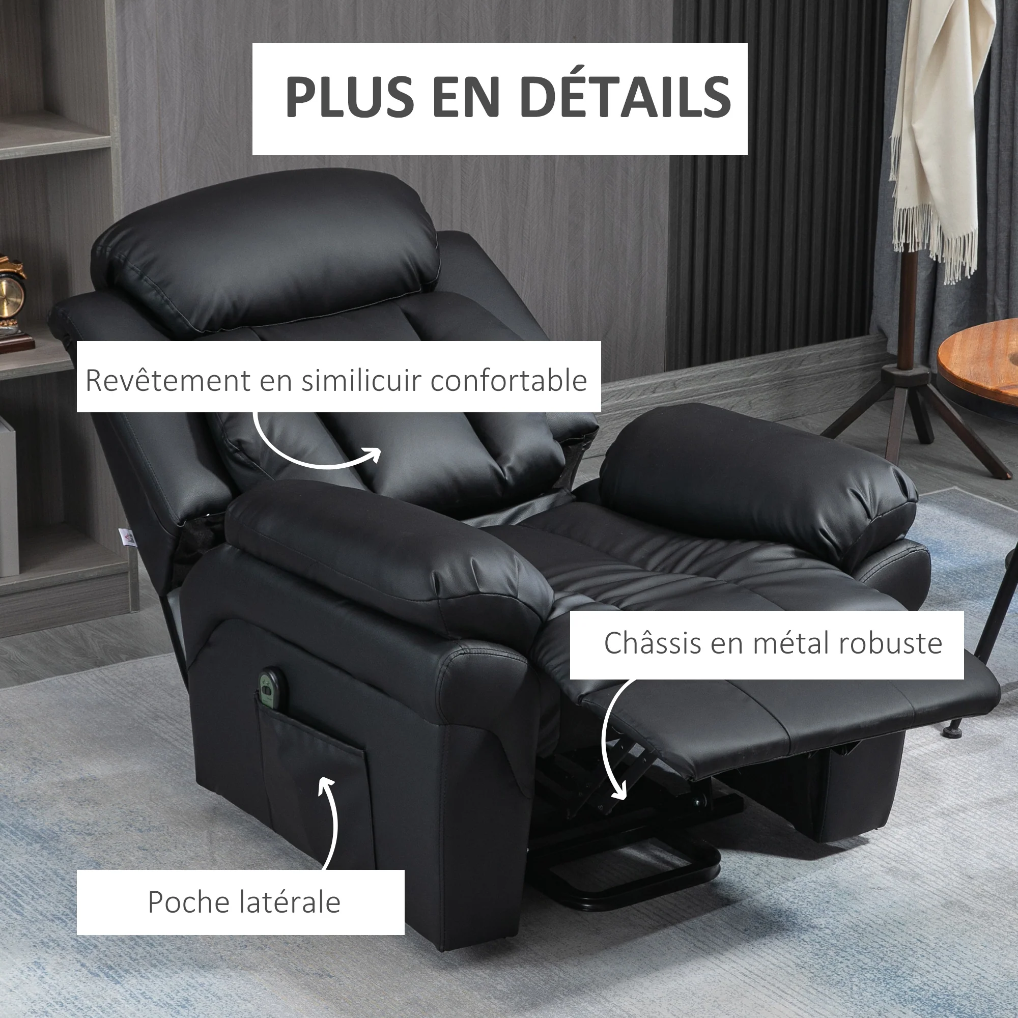 Fauteuil releveur électrique, fauteuil relax électrique avec repose-pied ajustable, dossier inclinable, télécommande, poche latérale, pour personnes âgées, noir - Image 7