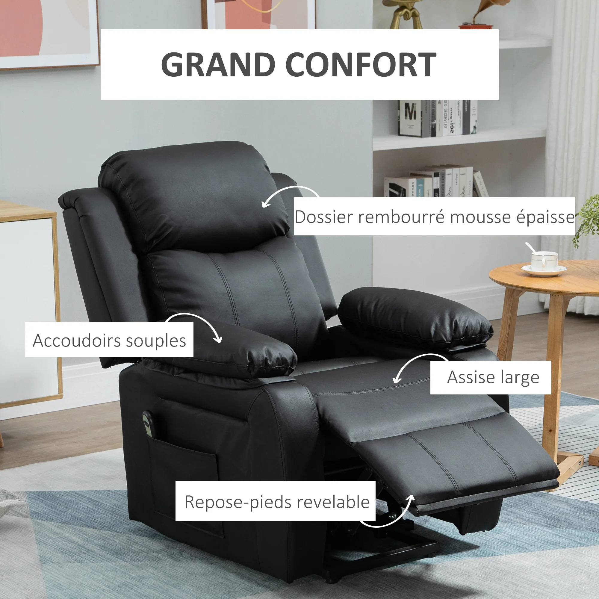 Fauteuil releveur électrique, fauteuil relax électrique avec repose-pied ajustable, dossier inclinable, télécommande, poche latérale, pour personnes âgées, noir - Image 8