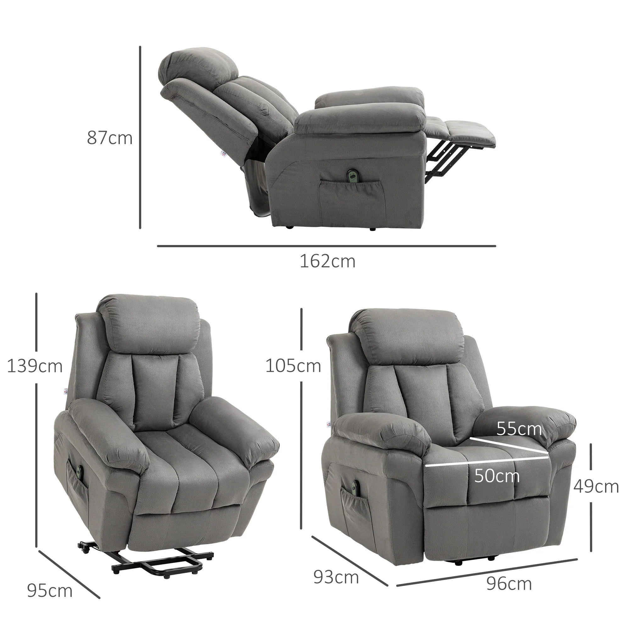 Fauteuil releveur électrique, fauteuil relax électrique avec repose-pied ajustable, dossier inclinable, télécommande, poche latérale, pour personnes âgées, gris - Image 4