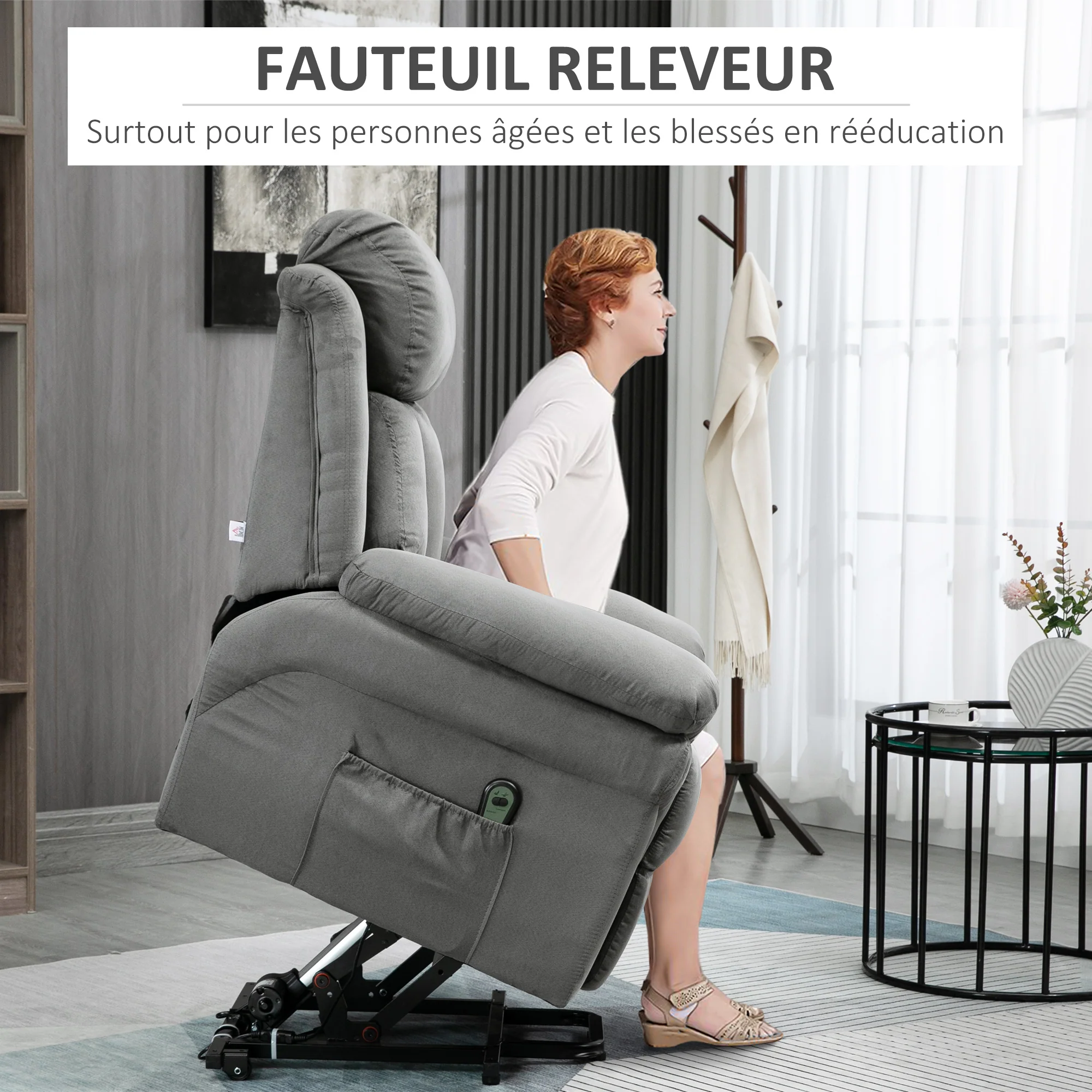 Fauteuil releveur électrique, fauteuil relax électrique avec repose-pied ajustable, dossier inclinable, télécommande, poche latérale, pour personnes âgées, gris - Image 5