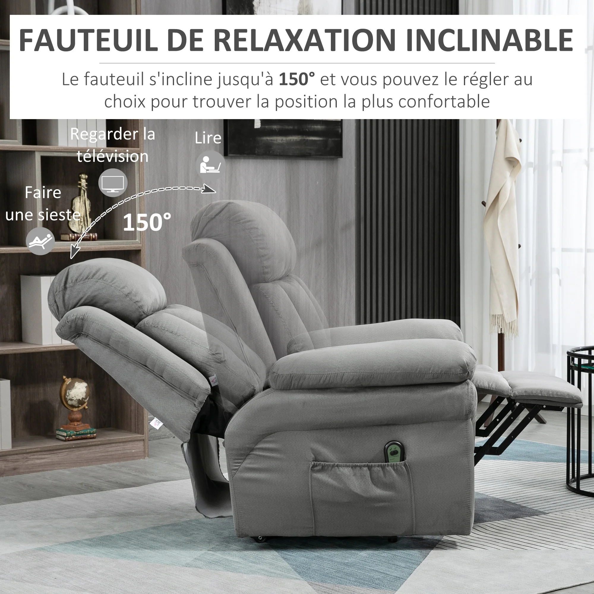 Fauteuil releveur électrique, fauteuil relax électrique avec repose-pied ajustable, dossier inclinable, télécommande, poche latérale, pour personnes âgées, gris - Image 6