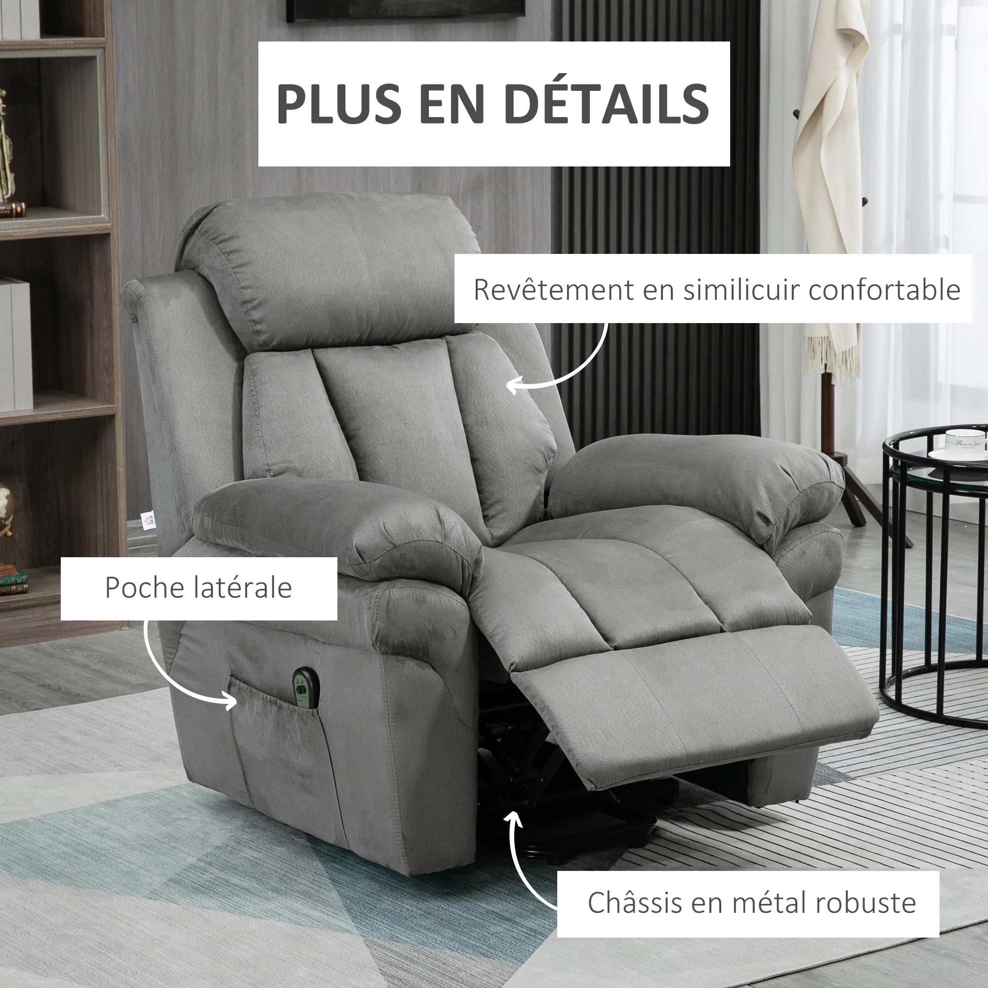 Fauteuil releveur électrique, fauteuil relax électrique avec repose-pied ajustable, dossier inclinable, télécommande, poche latérale, pour personnes âgées, gris - Image 7