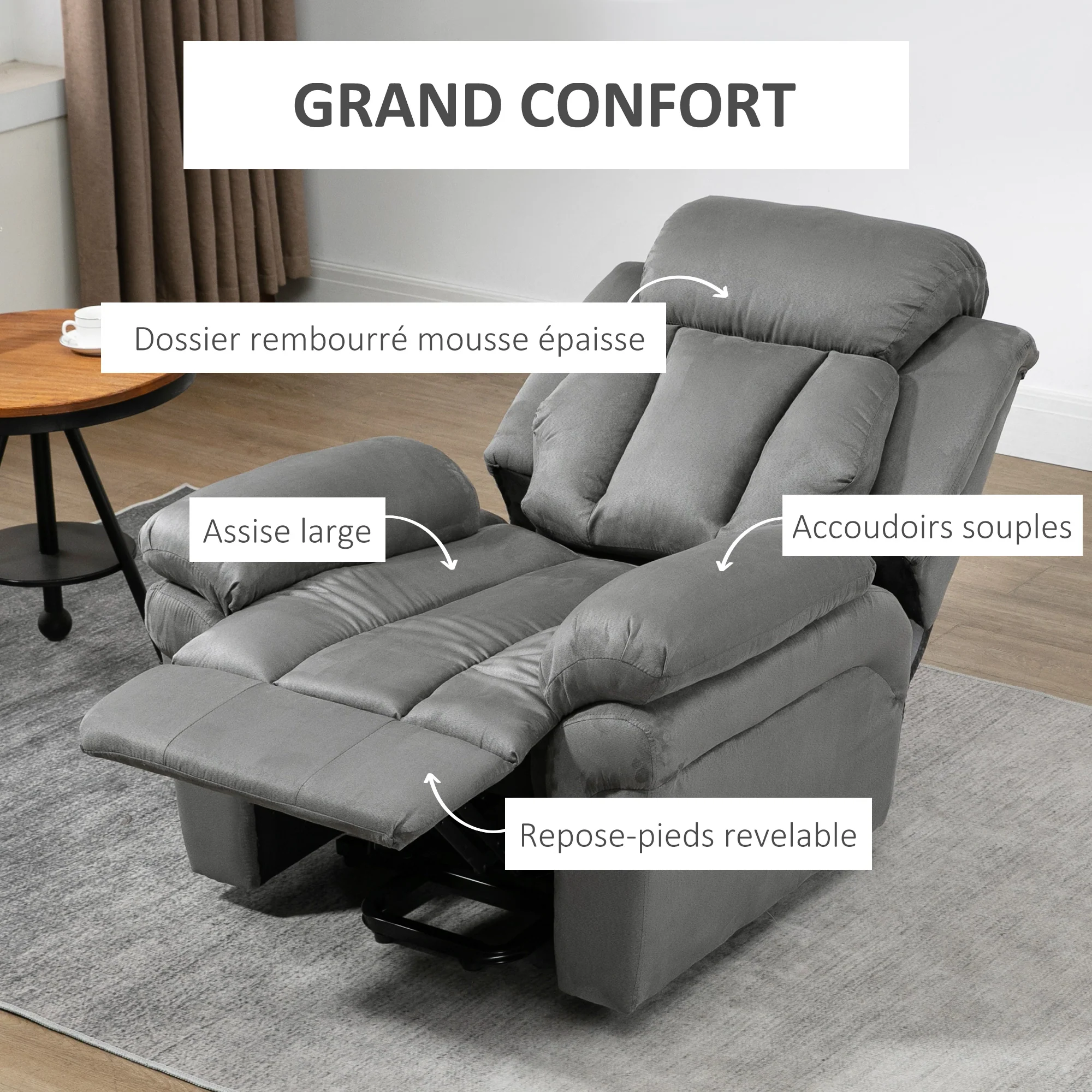 Fauteuil releveur électrique, fauteuil relax électrique avec repose-pied ajustable, dossier inclinable, télécommande, poche latérale, pour personnes âgées, gris - Image 8