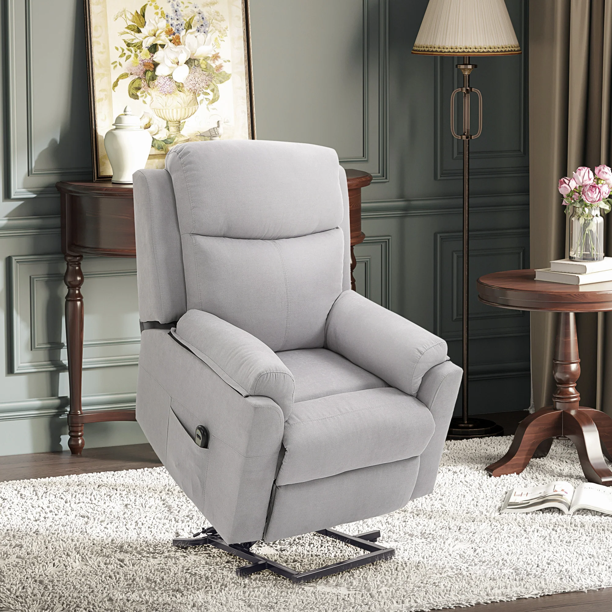 Fauteuil releveur électrique, fauteuil relax électrique avec repose-pied, dossier inclinable, télécommande et poche latérale charge 120kg tissu aspect lin gris clair - Image 11