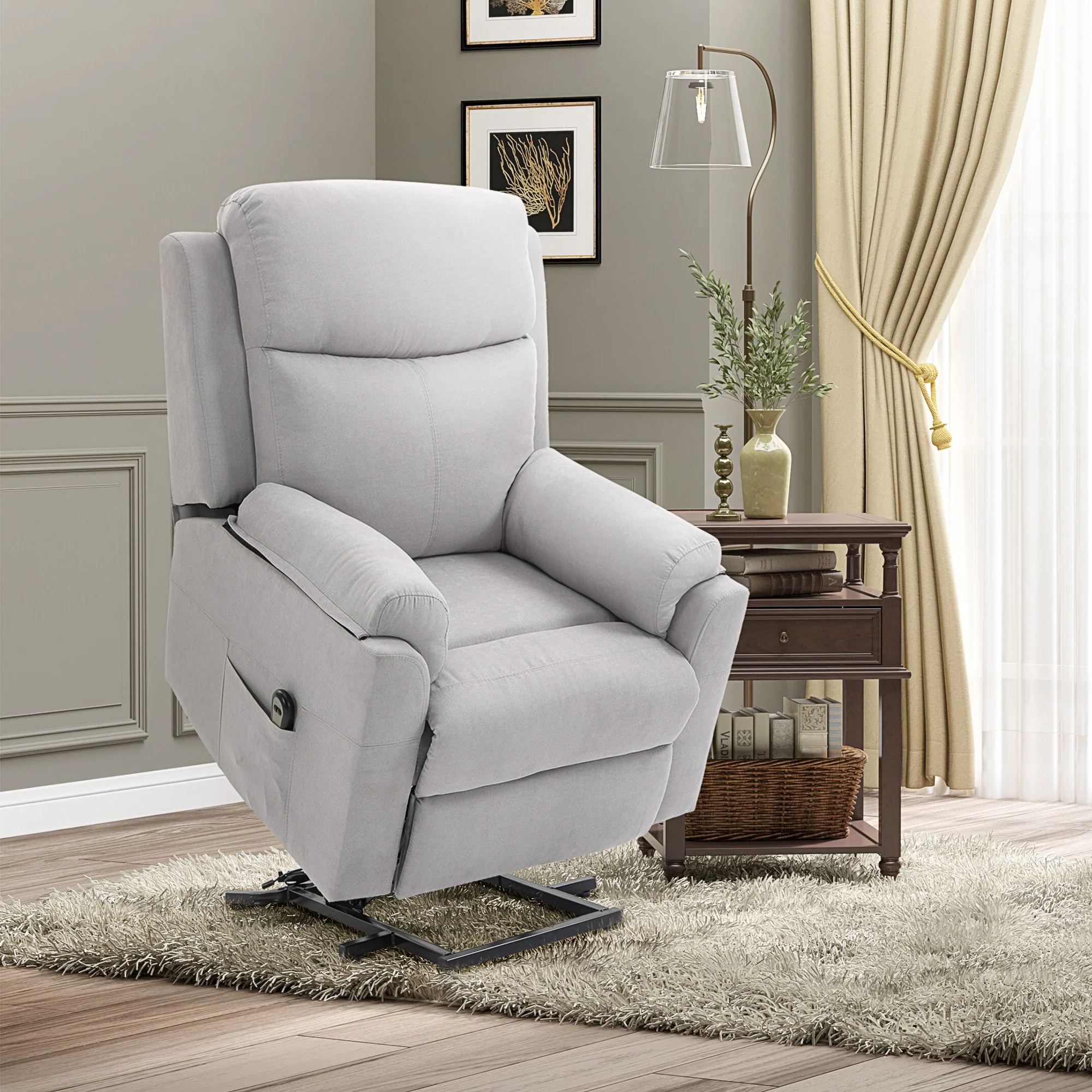 Fauteuil releveur électrique, fauteuil relax électrique avec repose-pied, dossier inclinable, télécommande et poche latérale charge 120kg tissu aspect lin gris clair - Image 3