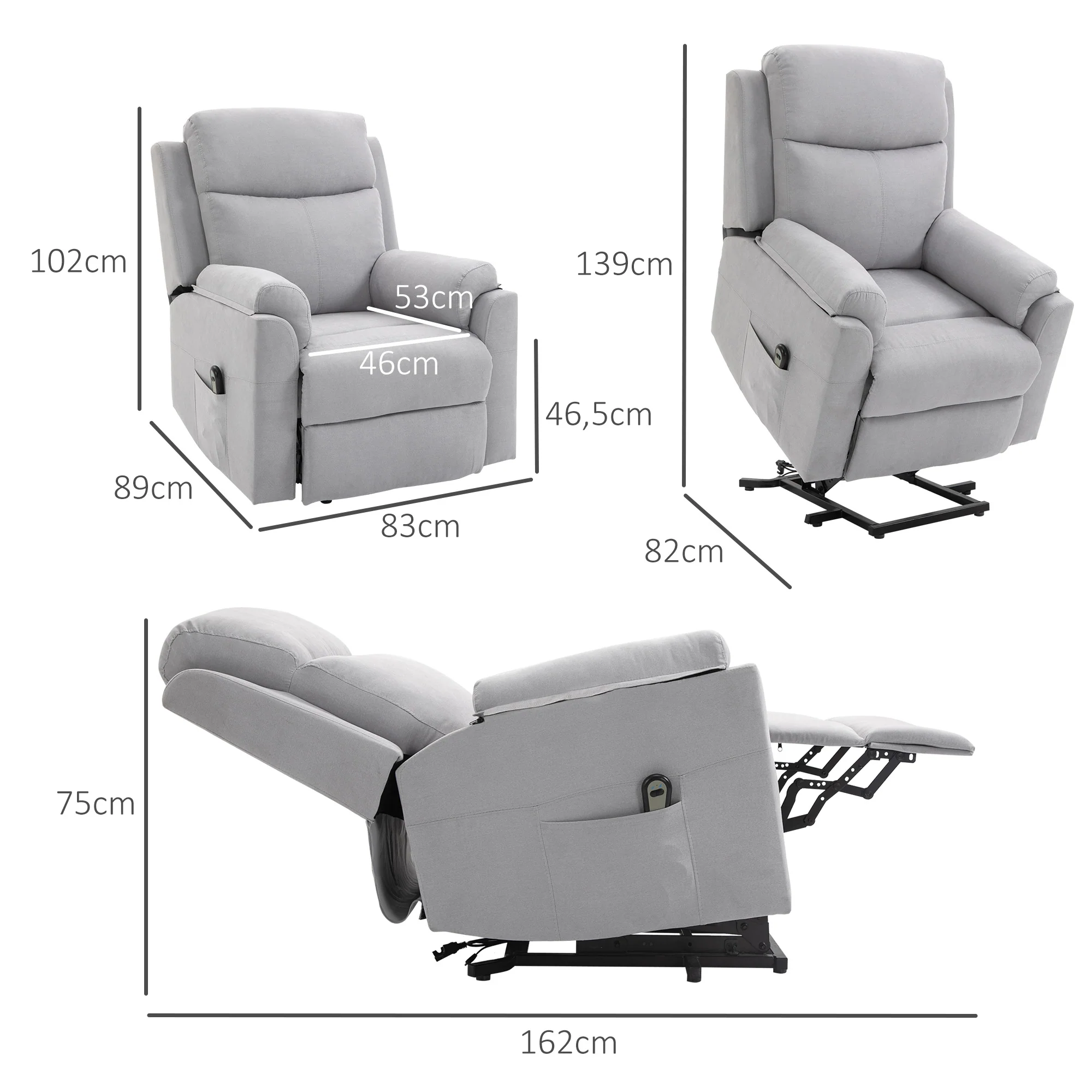Fauteuil releveur électrique, fauteuil relax électrique avec repose-pied, dossier inclinable, télécommande et poche latérale charge 120kg tissu aspect lin gris clair - Image 4