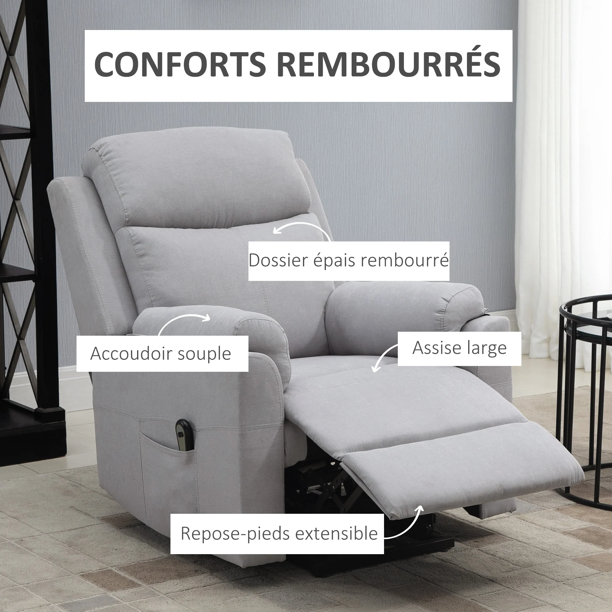 Fauteuil releveur électrique, fauteuil relax électrique avec repose-pied, dossier inclinable, télécommande et poche latérale charge 120kg tissu aspect lin gris clair - Image 5