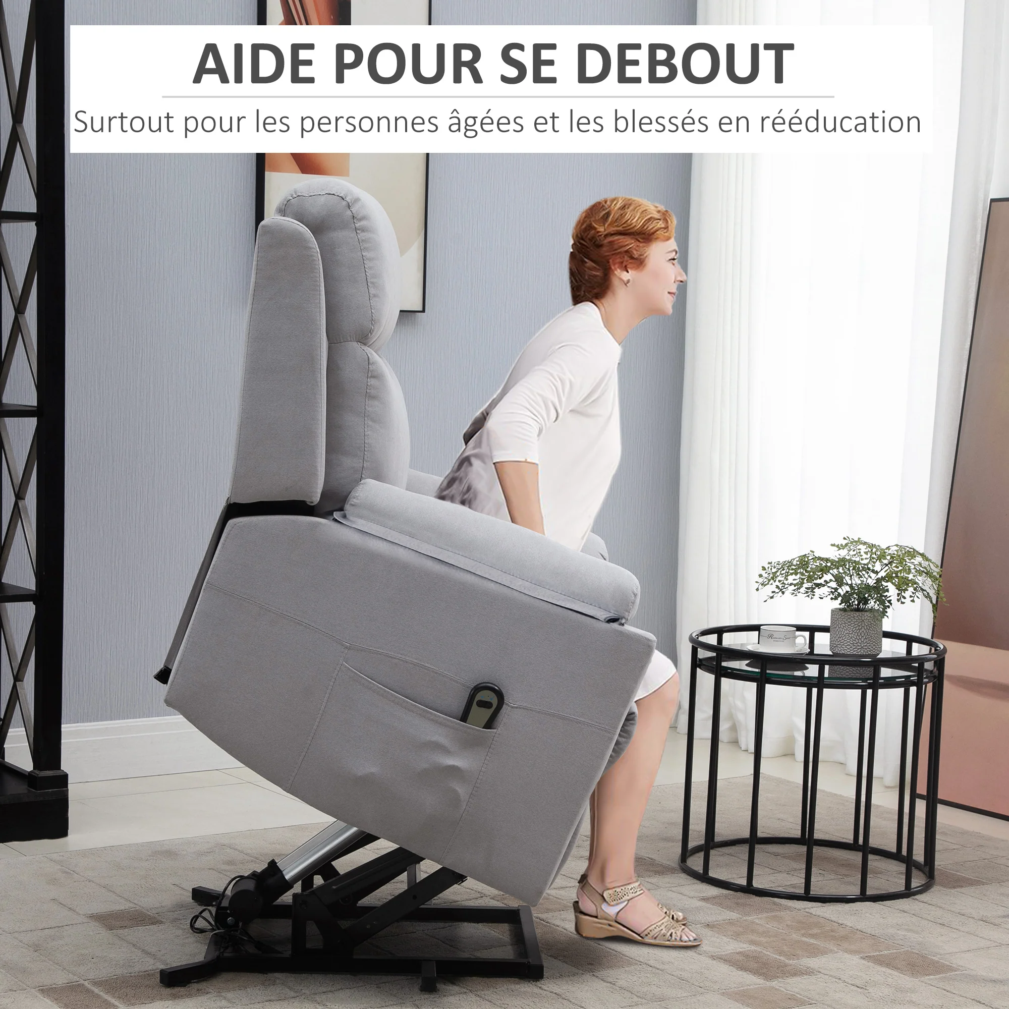 Fauteuil releveur électrique, fauteuil relax électrique avec repose-pied, dossier inclinable, télécommande et poche latérale charge 120kg tissu aspect lin gris clair - Image 6