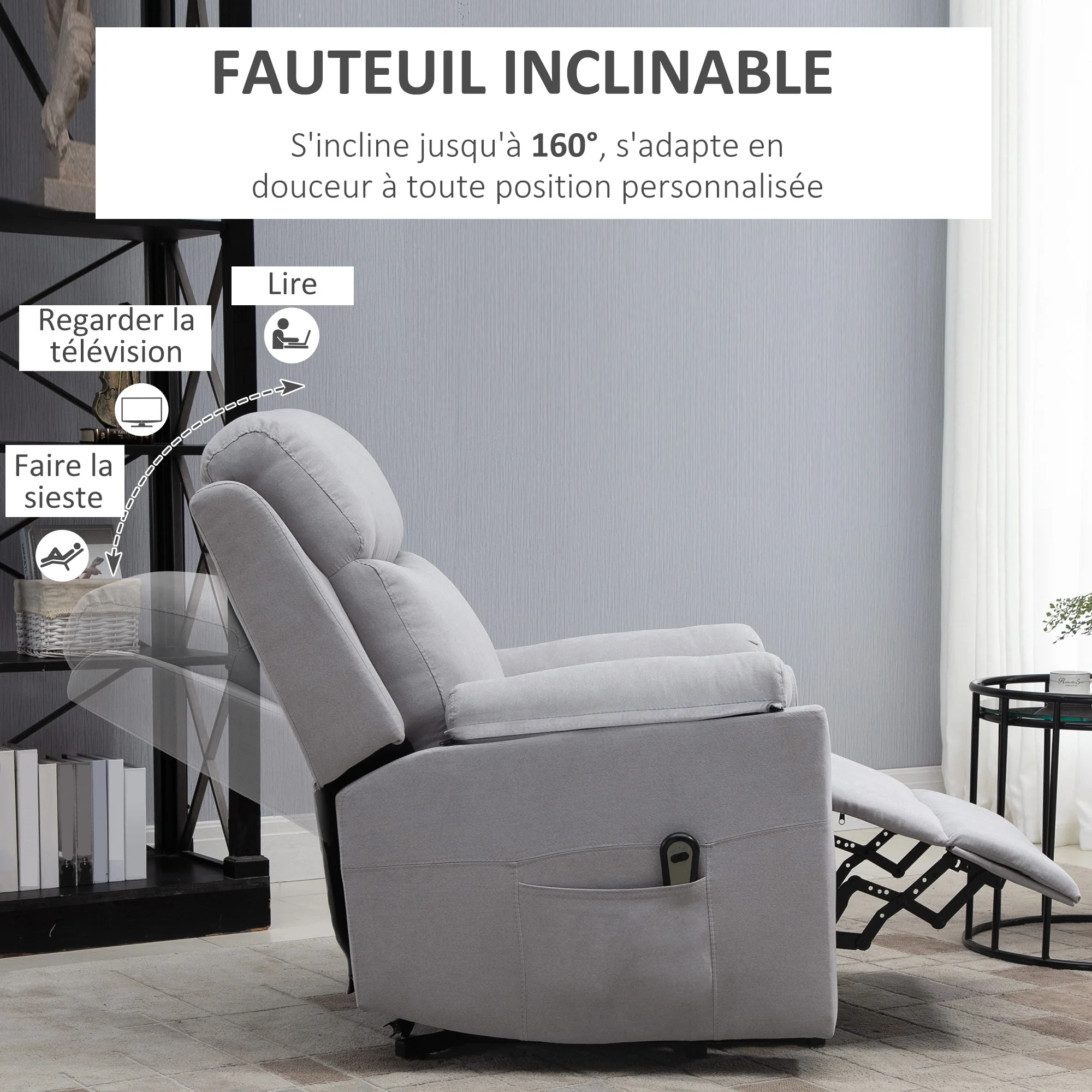 Fauteuil releveur électrique, fauteuil relax électrique avec repose-pied, dossier inclinable, télécommande et poche latérale charge 120kg tissu aspect lin gris clair - Image 7