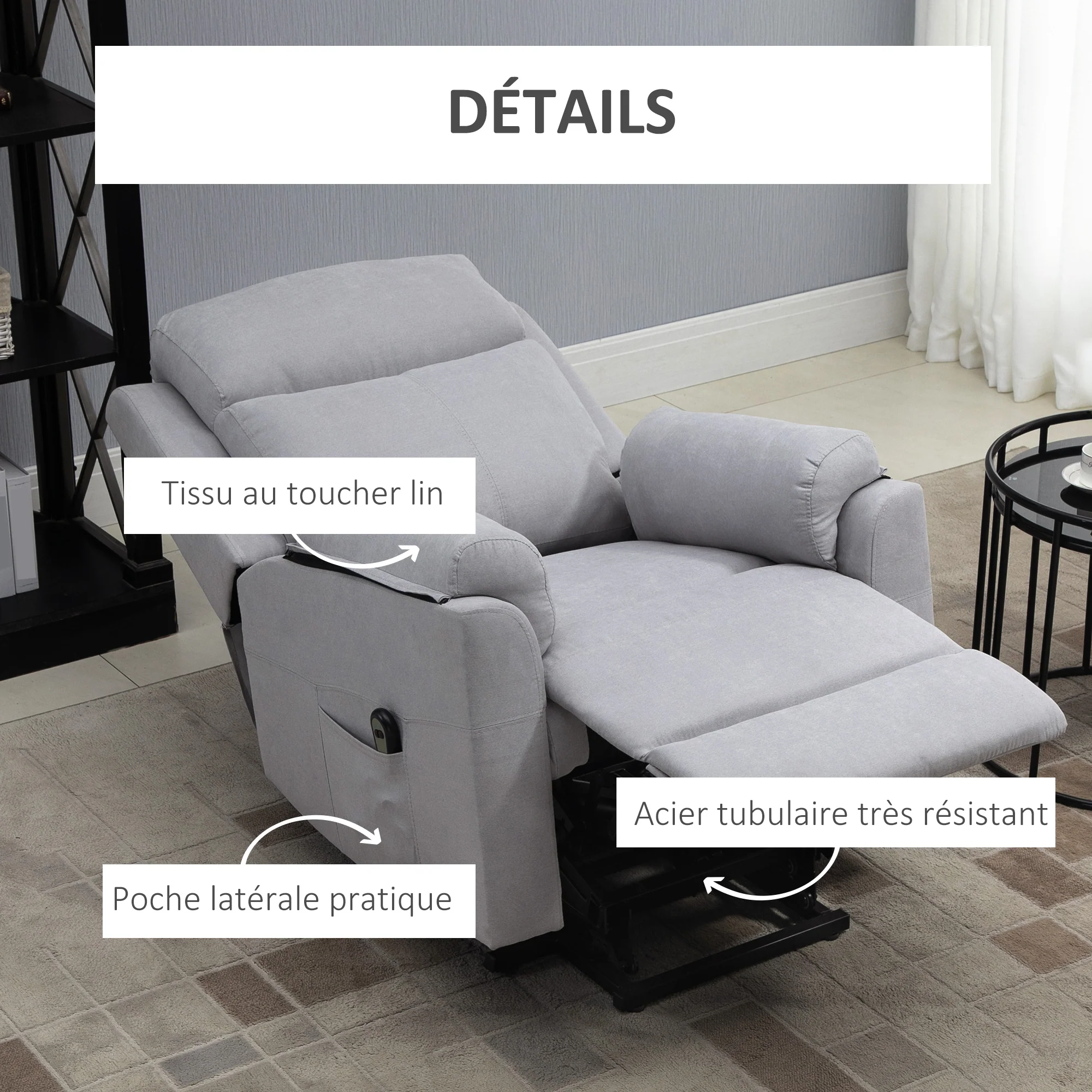 Fauteuil releveur électrique, fauteuil relax électrique avec repose-pied, dossier inclinable, télécommande et poche latérale charge 120kg tissu aspect lin gris clair - Image 8