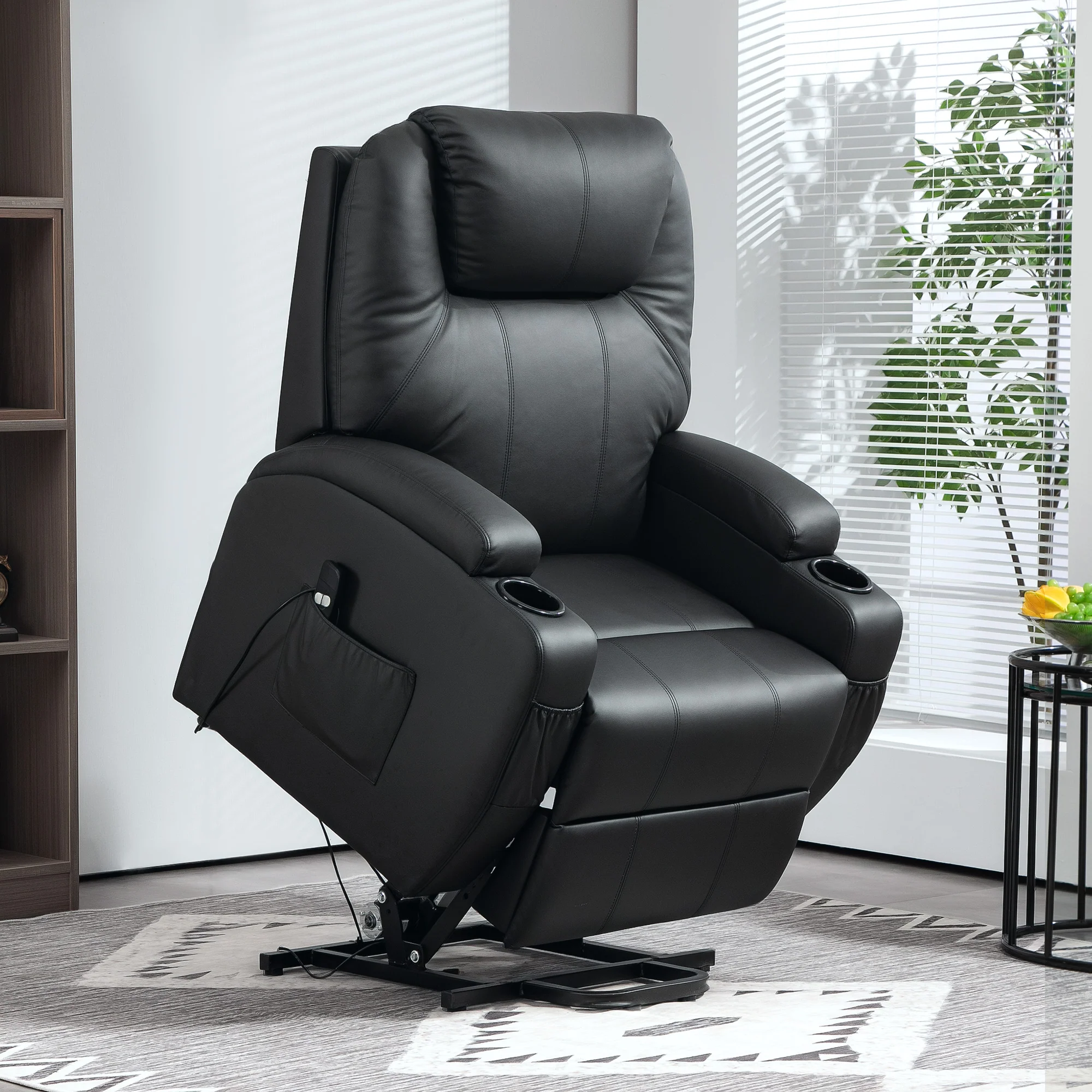 Fauteuil releveur électrique, fauteuil relax électrique avec repose-pied, dossier inclinable, télécommande, poches latérales et porte-gobelet - noir - Image 3
