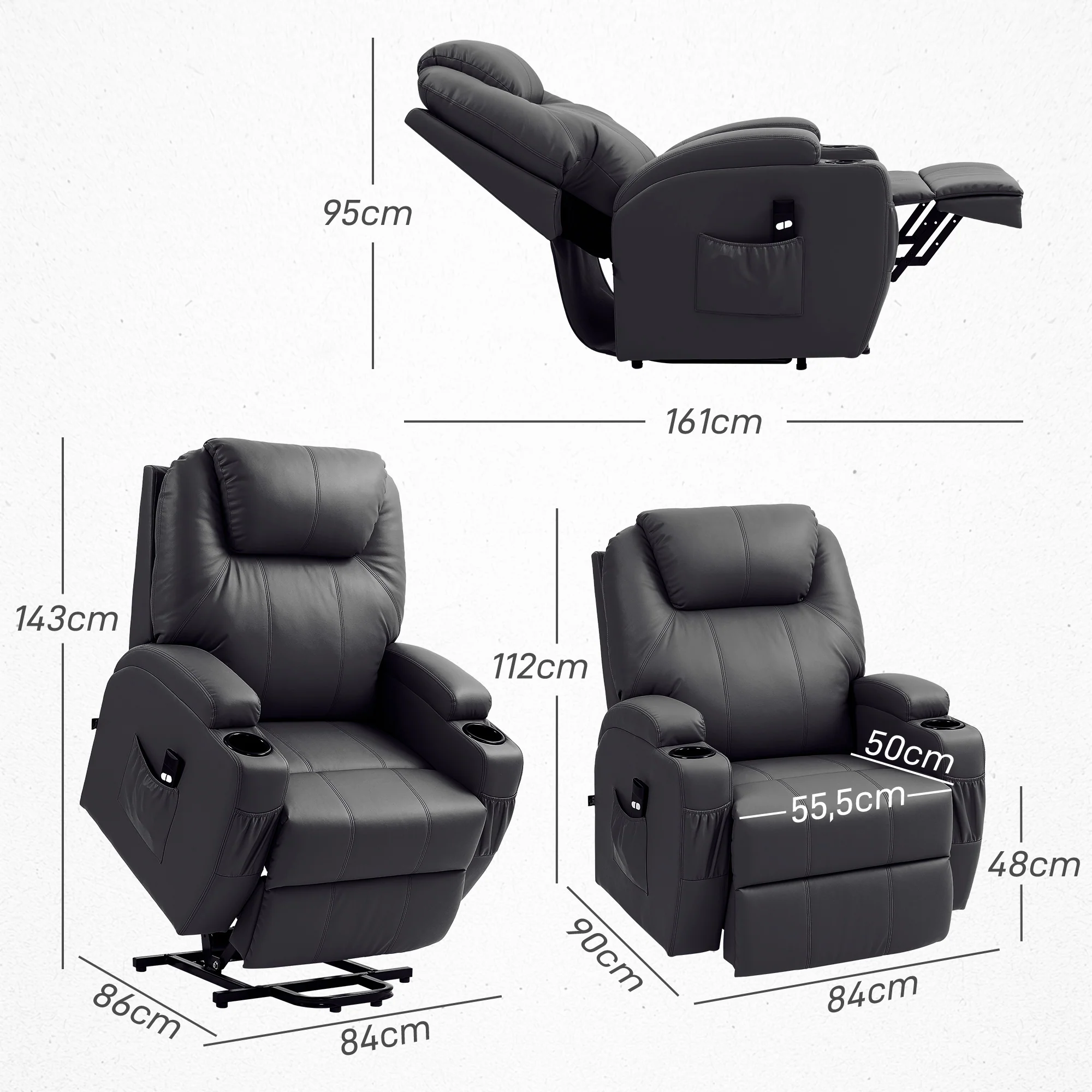 Fauteuil releveur électrique, fauteuil relax électrique avec repose-pied, dossier inclinable, télécommande, poches latérales et porte-gobelet - noir - Image 4