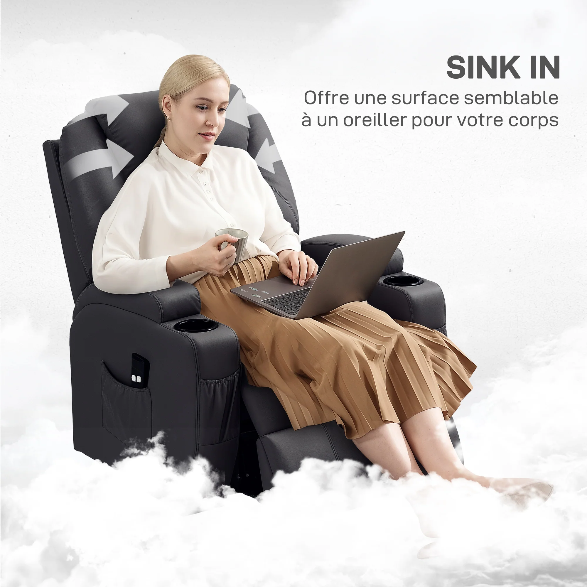 Fauteuil releveur électrique, fauteuil relax électrique avec repose-pied, dossier inclinable, télécommande, poches latérales et porte-gobelet - noir - Image 7