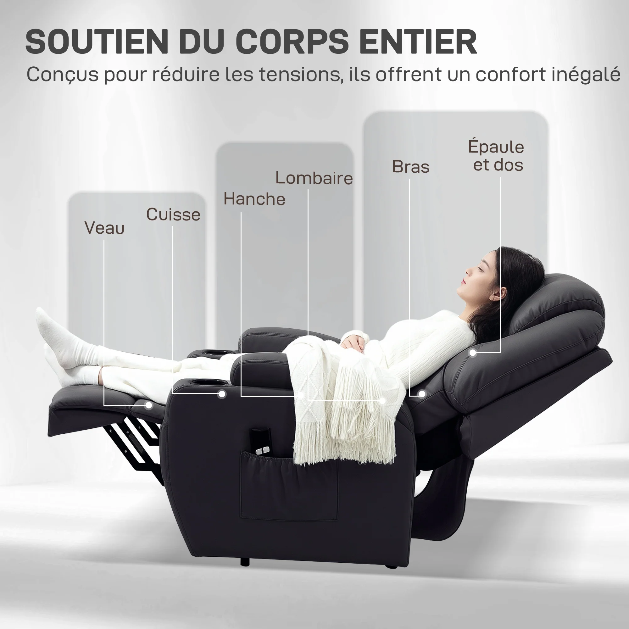 Fauteuil releveur électrique, fauteuil relax électrique avec repose-pied, dossier inclinable, télécommande, poches latérales et porte-gobelet - noir - Image 8