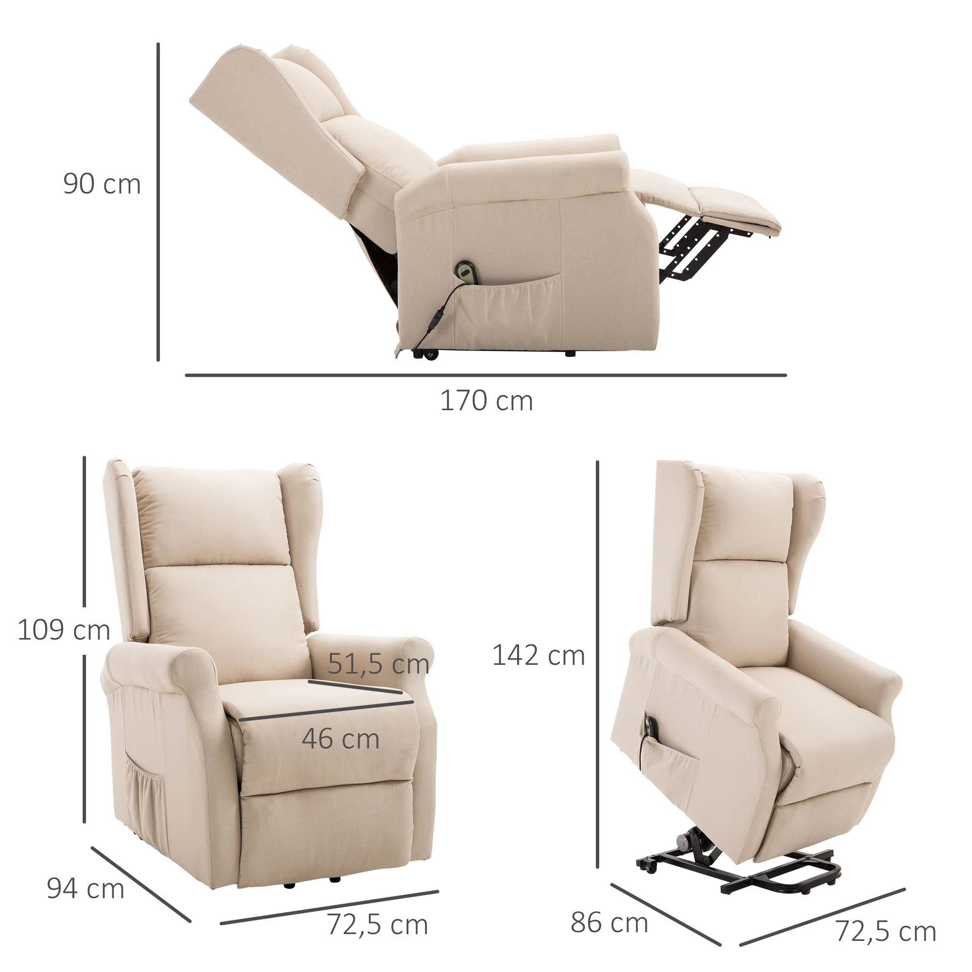 Fauteuil releveur inclinable avec Repose-Pied Fauteuil Relax électrique de Relaxation électrique Ajustable avec Télécommande et Poche latérale de Rangement Lin Crème - Image 4