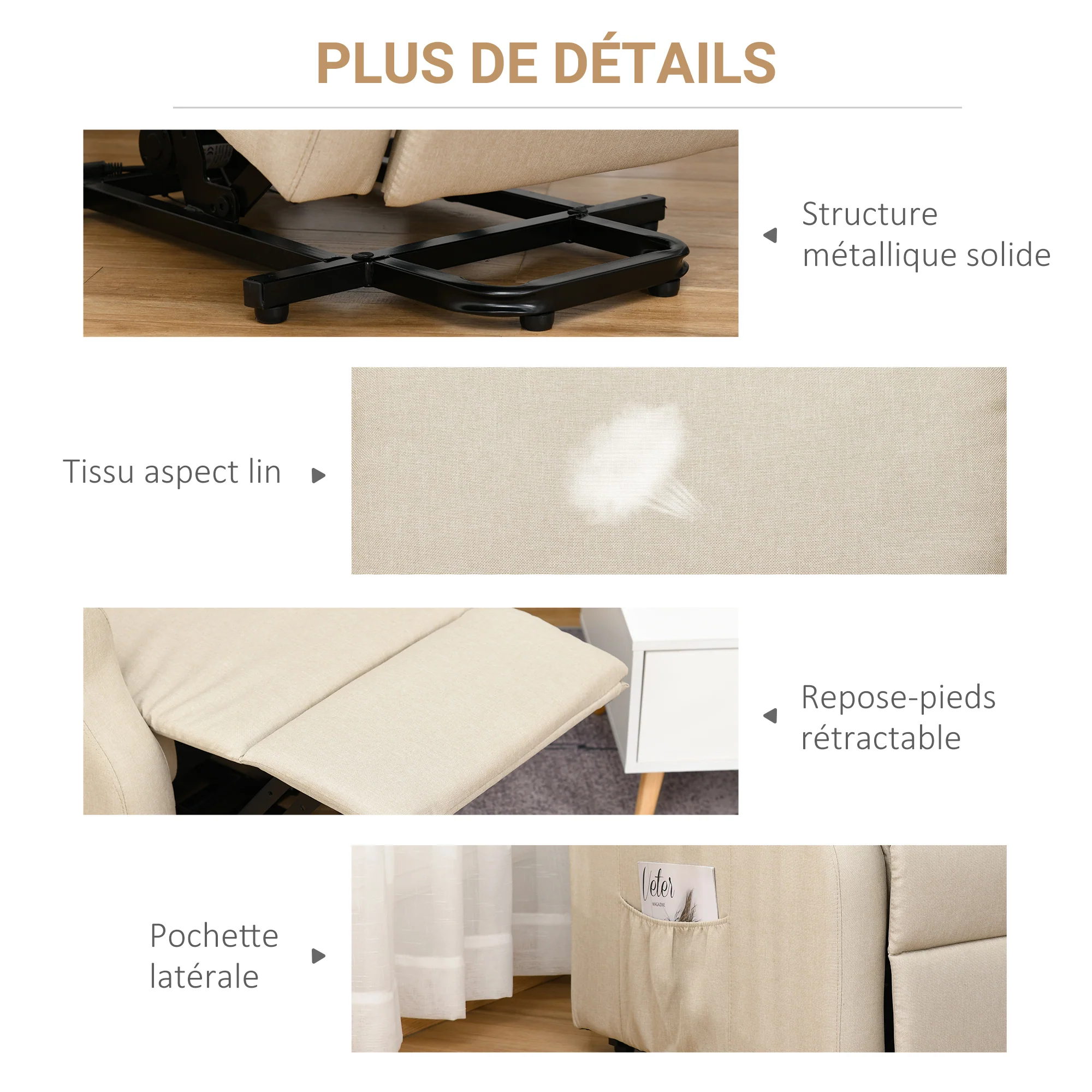 Fauteuil releveur inclinable avec Repose-Pied Fauteuil Relax électrique de Relaxation électrique Ajustable avec Télécommande et Poche latérale de Rangement Lin Crème - Image 5