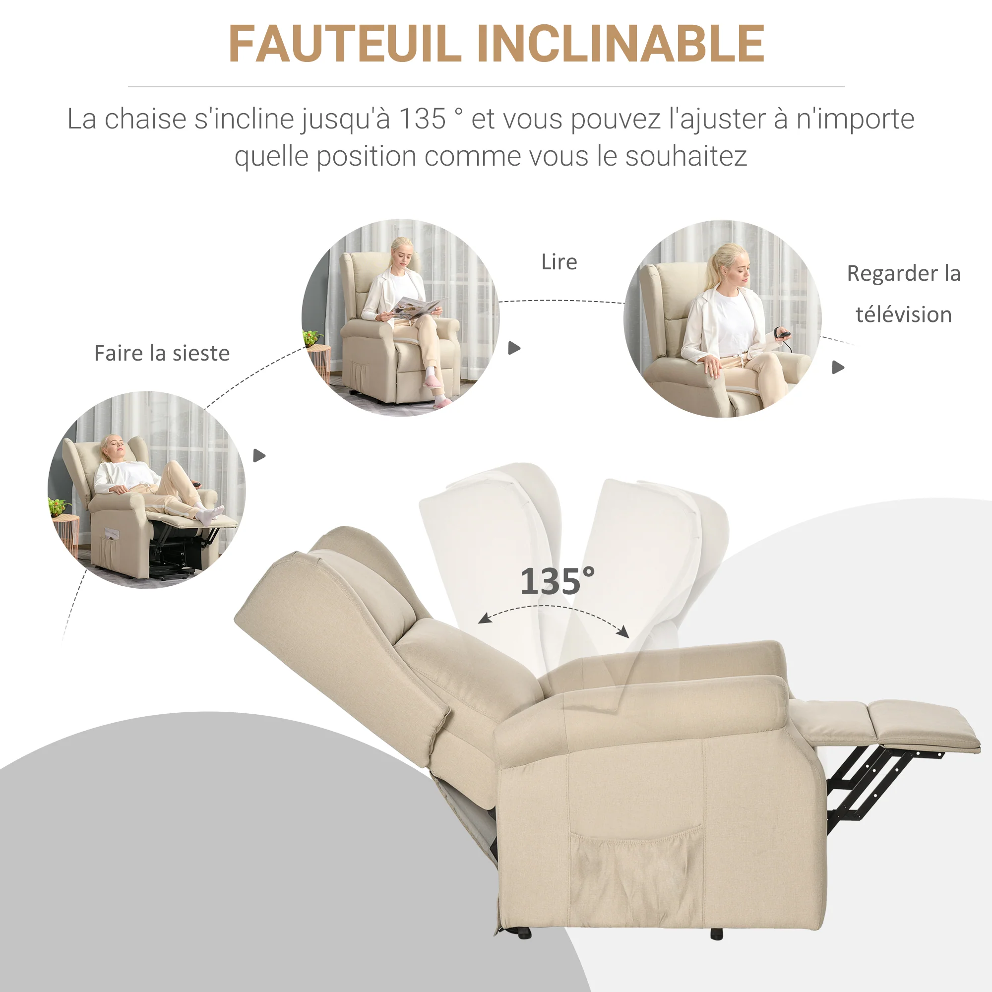 Fauteuil releveur inclinable avec Repose-Pied Fauteuil Relax électrique de Relaxation électrique Ajustable avec Télécommande et Poche latérale de Rangement Lin Crème - Image 6