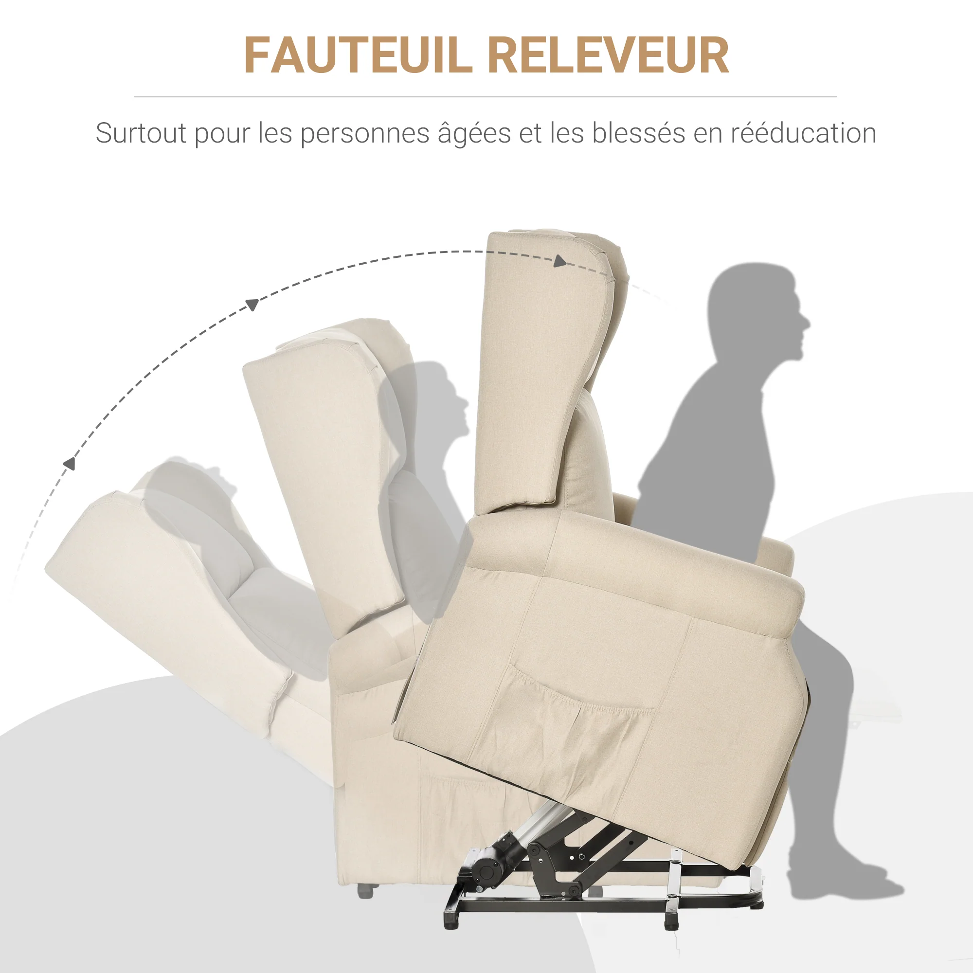 Fauteuil releveur inclinable avec Repose-Pied Fauteuil Relax électrique de Relaxation électrique Ajustable avec Télécommande et Poche latérale de Rangement Lin Crème - Image 7