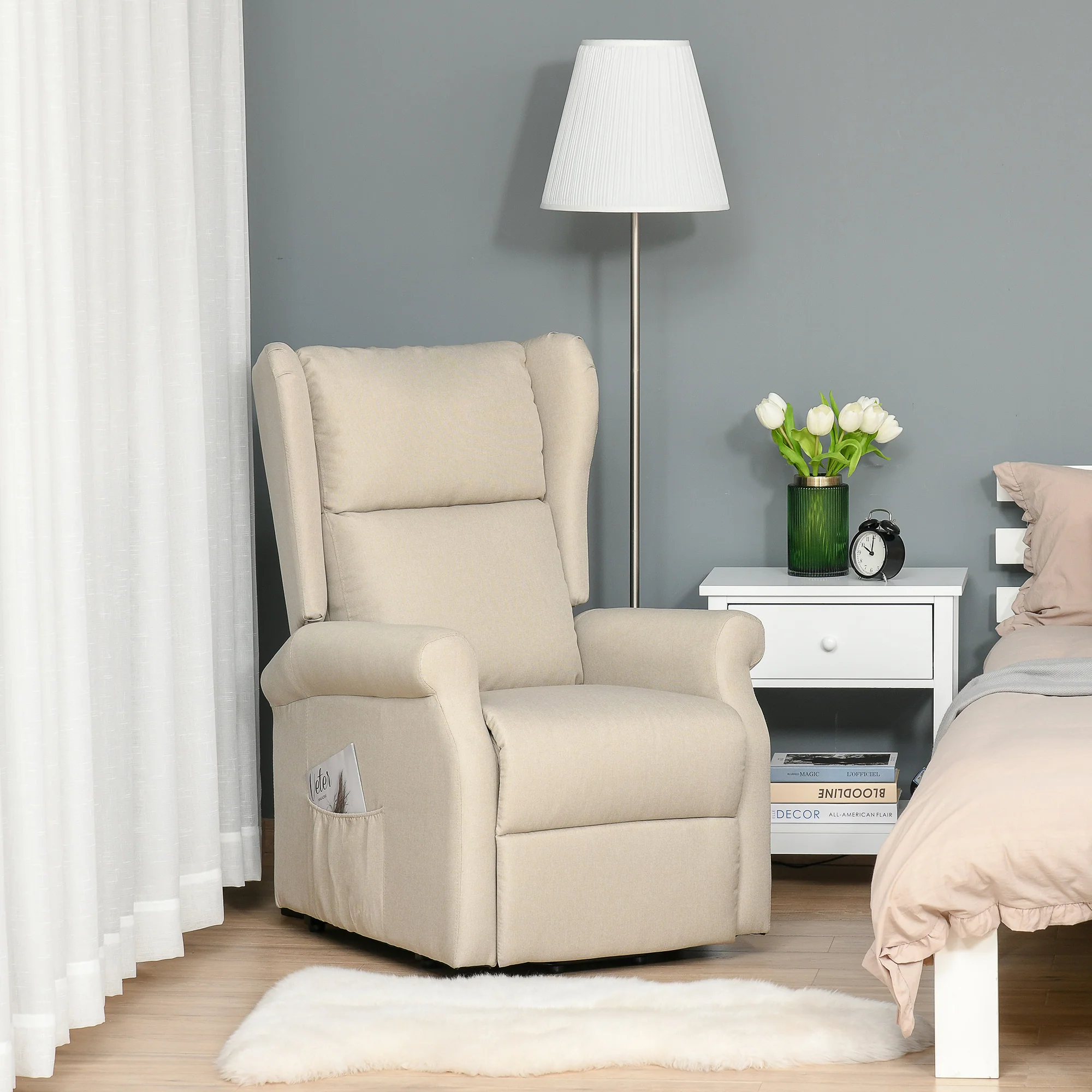 Fauteuil releveur inclinable avec Repose-Pied Fauteuil Relax électrique de Relaxation électrique Ajustable avec Télécommande et Poche latérale de Rangement Lin Crème - Image 9