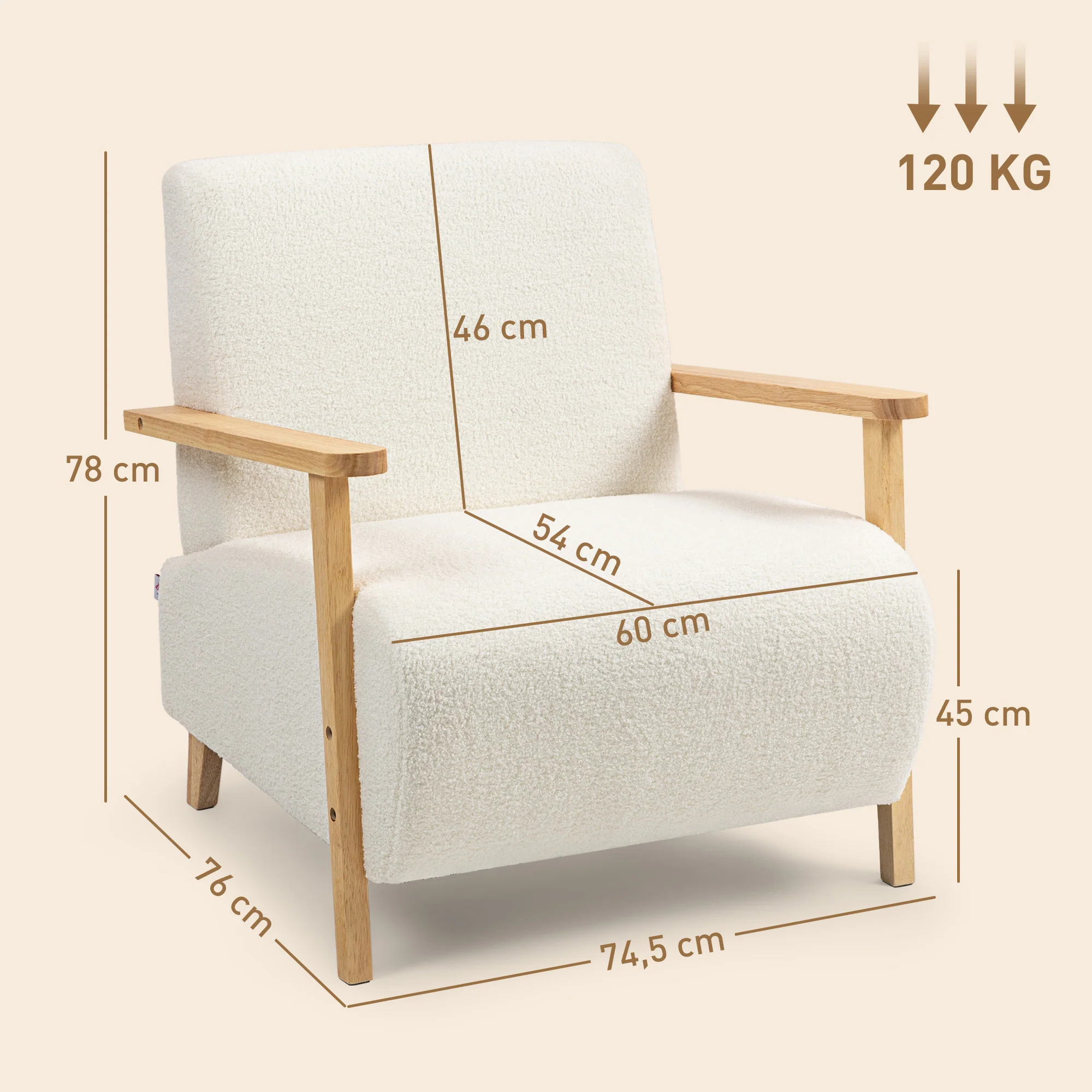 Fauteuil salon, fauteuil 1 place, style nordique, tissu effet laine bouclée, structure en bois massif, pour salon, chambre à coucher, salle d'étude, crème - Image 4