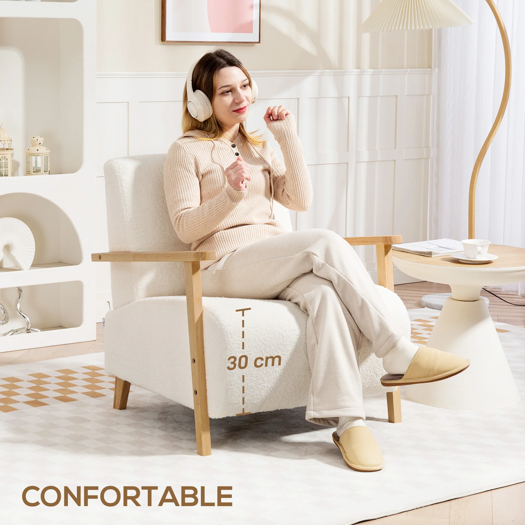 Fauteuil salon, fauteuil 1 place, style nordique, tissu effet laine bouclée, structure en bois massif, pour salon, chambre à coucher, salle d'étude, crème - Image 5