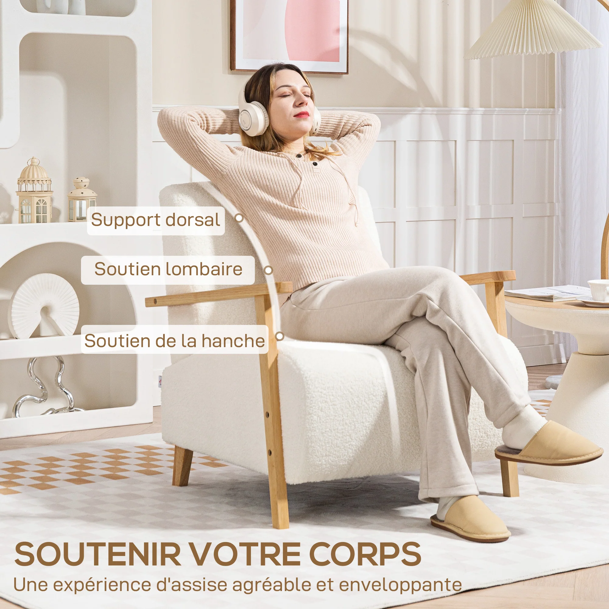 Fauteuil salon, fauteuil 1 place, style nordique, tissu effet laine bouclée, structure en bois massif, pour salon, chambre à coucher, salle d'étude, crème - Image 6