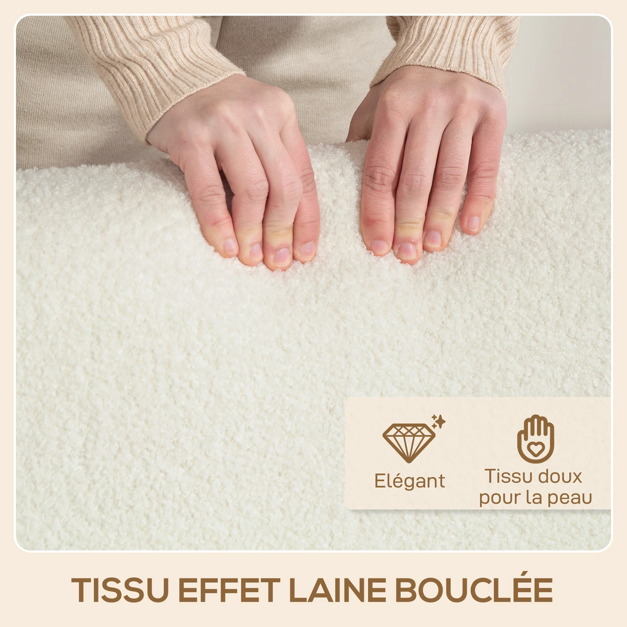 Fauteuil salon, fauteuil 1 place, style nordique, tissu effet laine bouclée, structure en bois massif, pour salon, chambre à coucher, salle d'étude, crème - Image 8