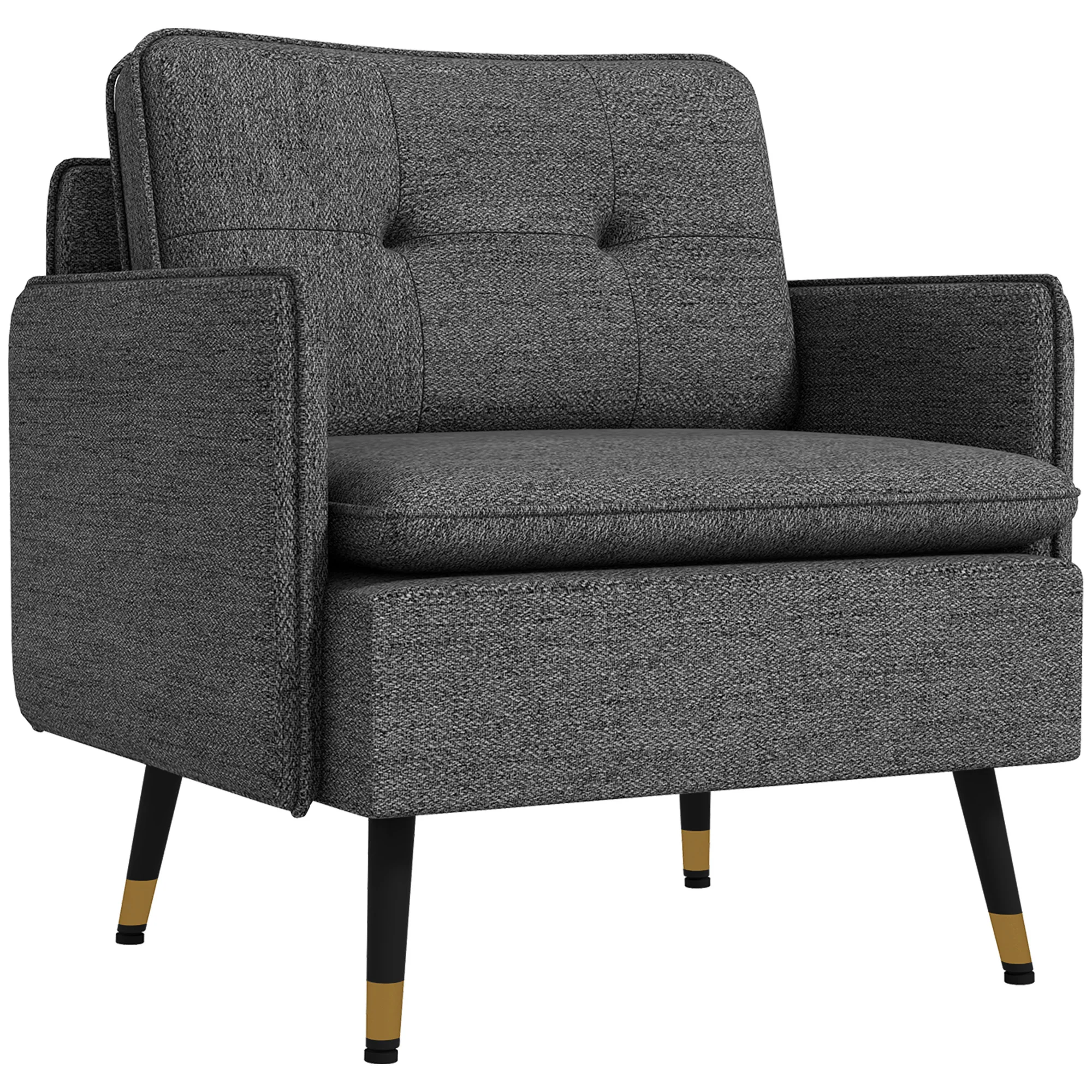 Fauteuil scandinave dossier capitonné avec passepoil en tissu 76 x 68 x 80 cm - gris et pieds en métal noir et doré - Image 2