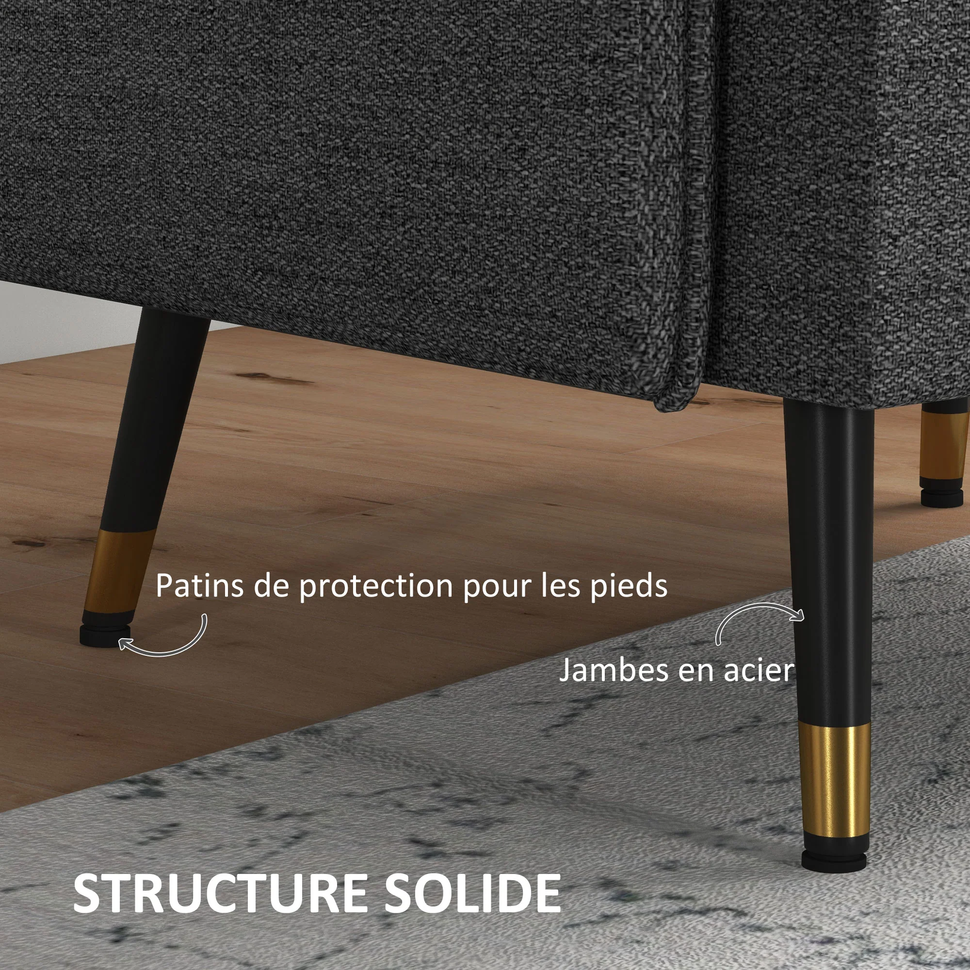 Fauteuil scandinave dossier capitonné avec passepoil en tissu 76 x 68 x 80 cm - gris et pieds en métal noir et doré - Image 6