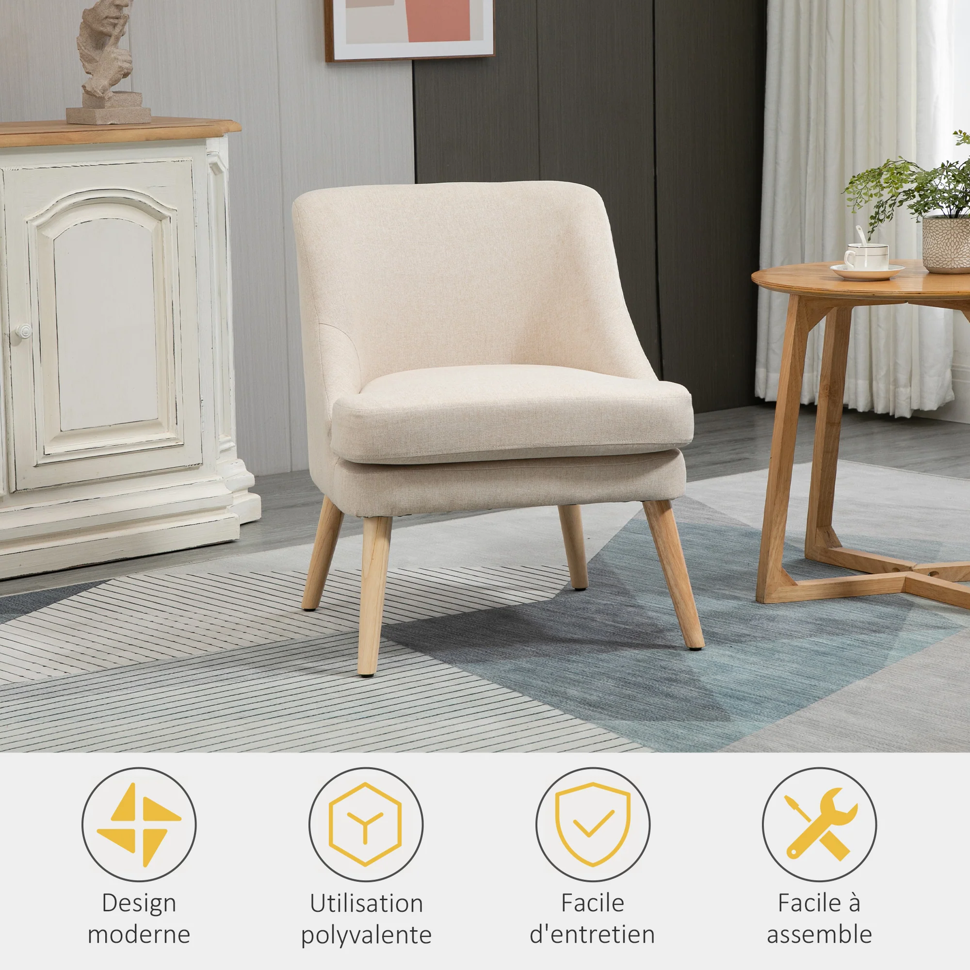 Fauteuil Scandinave Fauteuil salon confortable Fauteuil pour chambre Pieds en Bois Massif revêtement Tissu Lin beige - Image 7