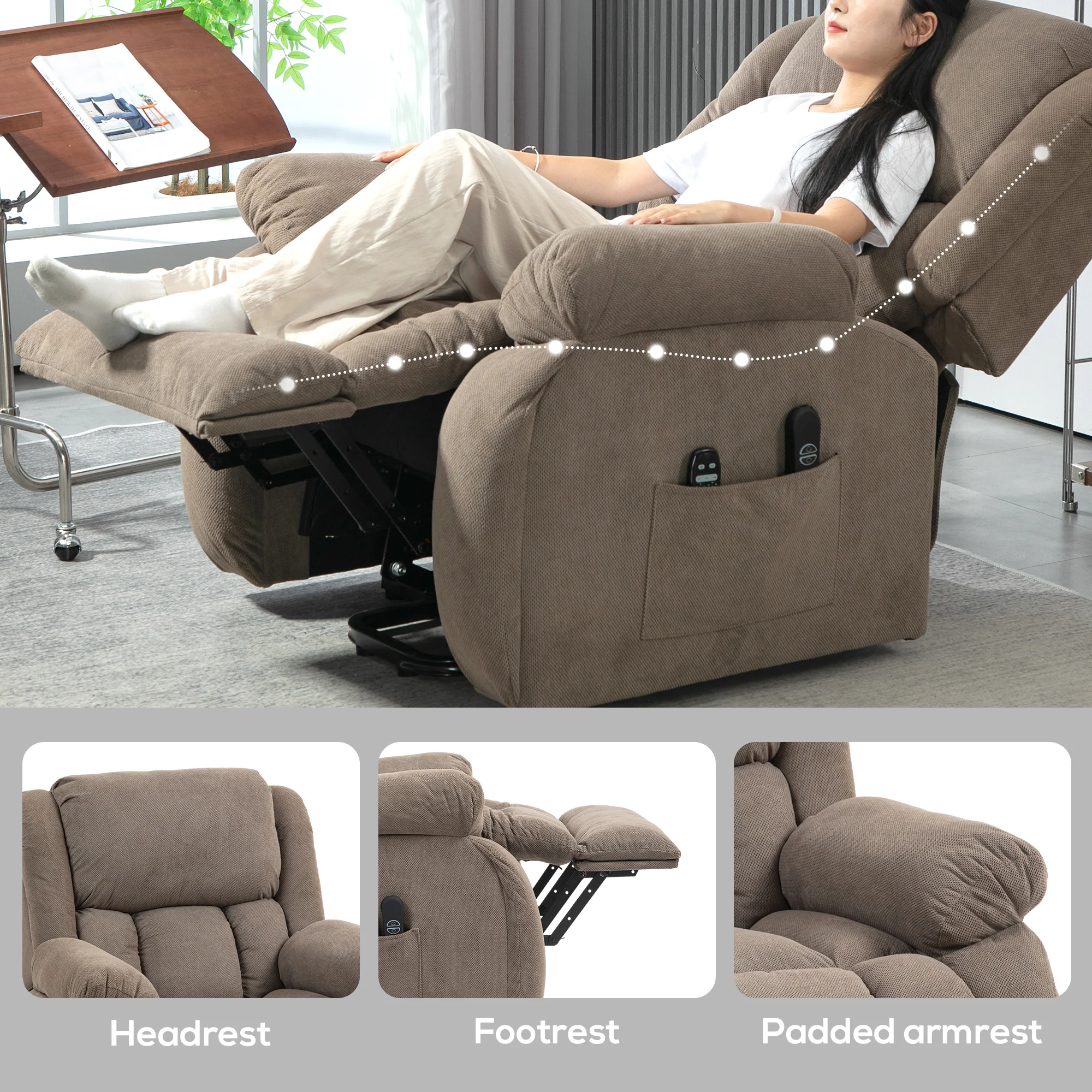 Fauteuil TV avec Aide au Lever Electrique Fauteuil Relaxant avec Fonction de Relaxation, Fonction de Massage, Sortie USB, Fauteuil TV avec Chauffage, Ressorts Ensachés, Télécommande et Poche Latérale, Marron Clair - Image 10