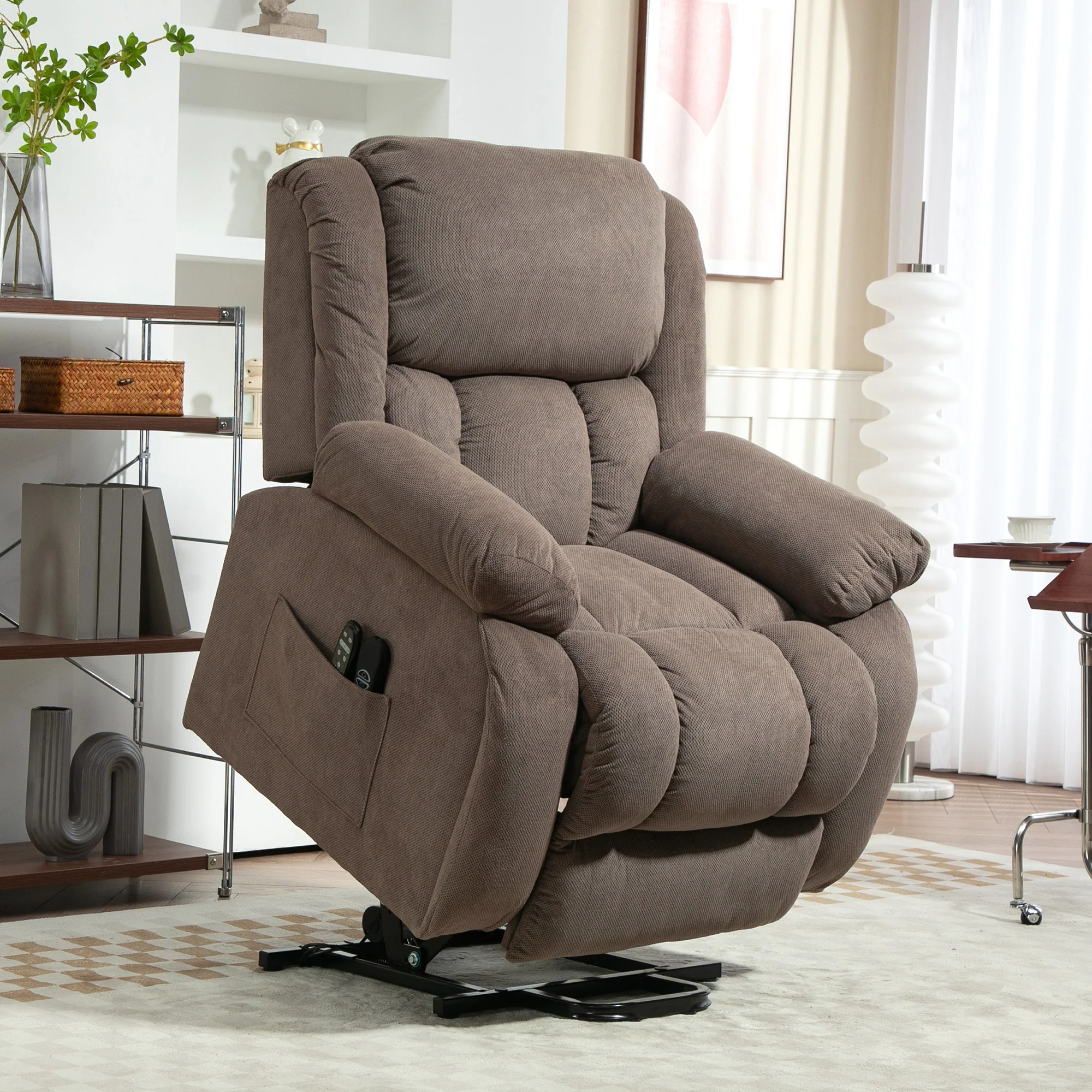 Fauteuil TV avec Aide au Lever Electrique Fauteuil Relaxant avec Fonction de Relaxation, Fonction de Massage, Sortie USB, Fauteuil TV avec Chauffage, Ressorts Ensachés, Télécommande et Poche Latérale, Marron Clair - Image 3