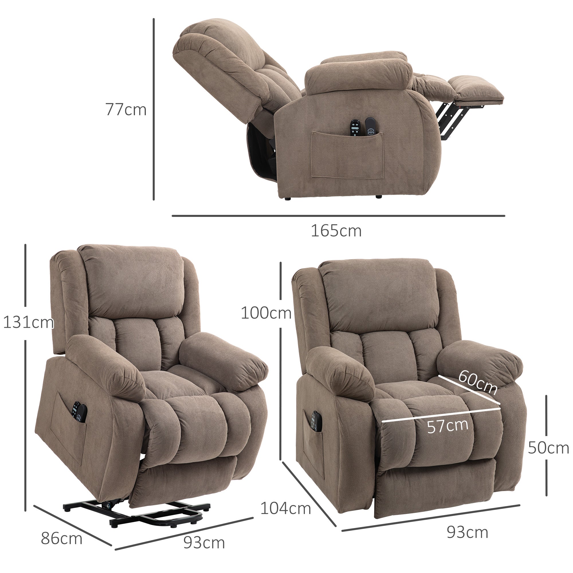 Fauteuil TV avec Aide au Lever Electrique Fauteuil Relaxant avec Fonction de Relaxation, Fonction de Massage, Sortie USB, Fauteuil TV avec Chauffage, Ressorts Ensachés, Télécommande et Poche Latérale, Marron Clair - Image 4