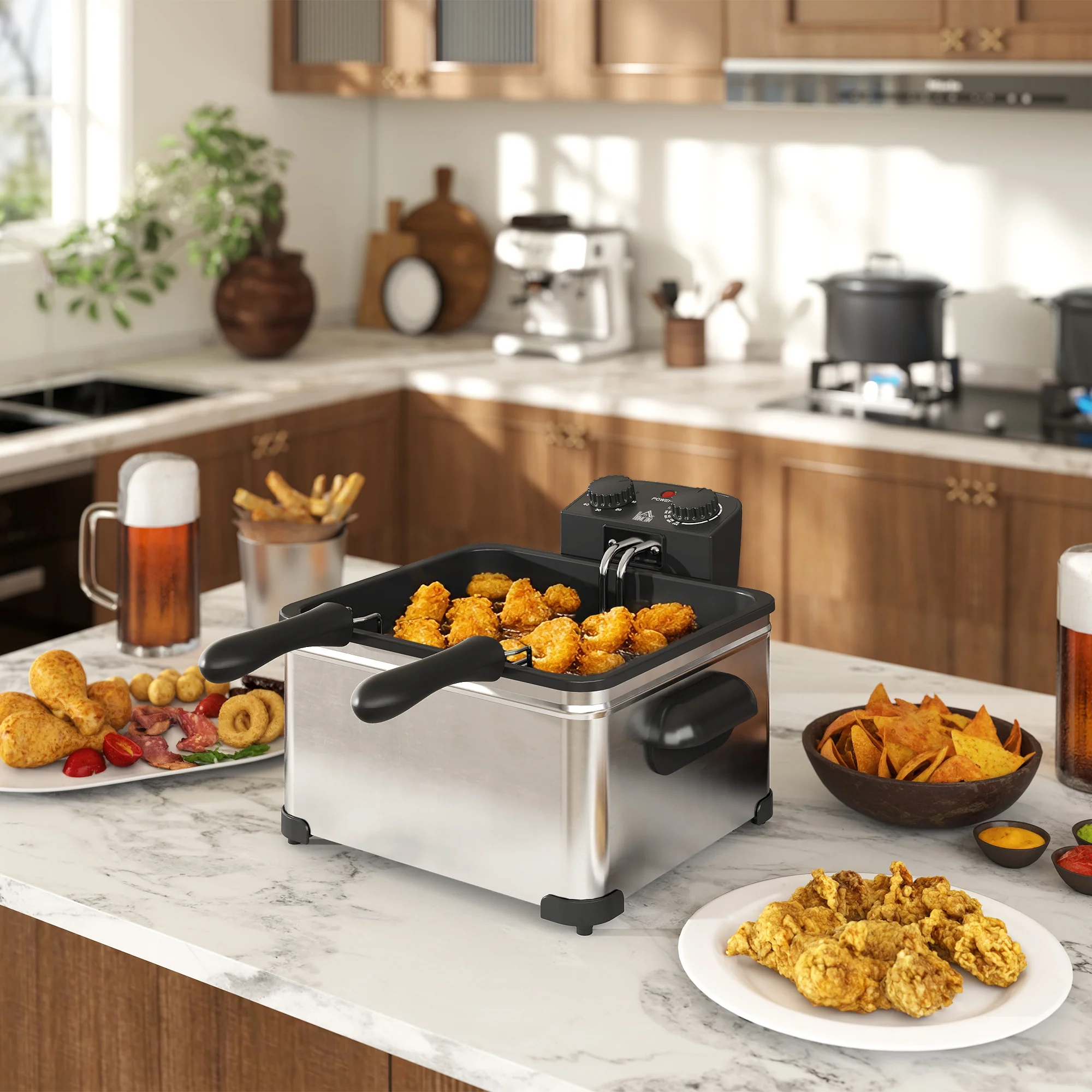 Friteuse 5 litres avec température et minuterie réglables, friteuse en acier inoxydable 2000 W avec panier à huile amovible et fenêtre de visualisation, pour frites et poulet frit - Image 3