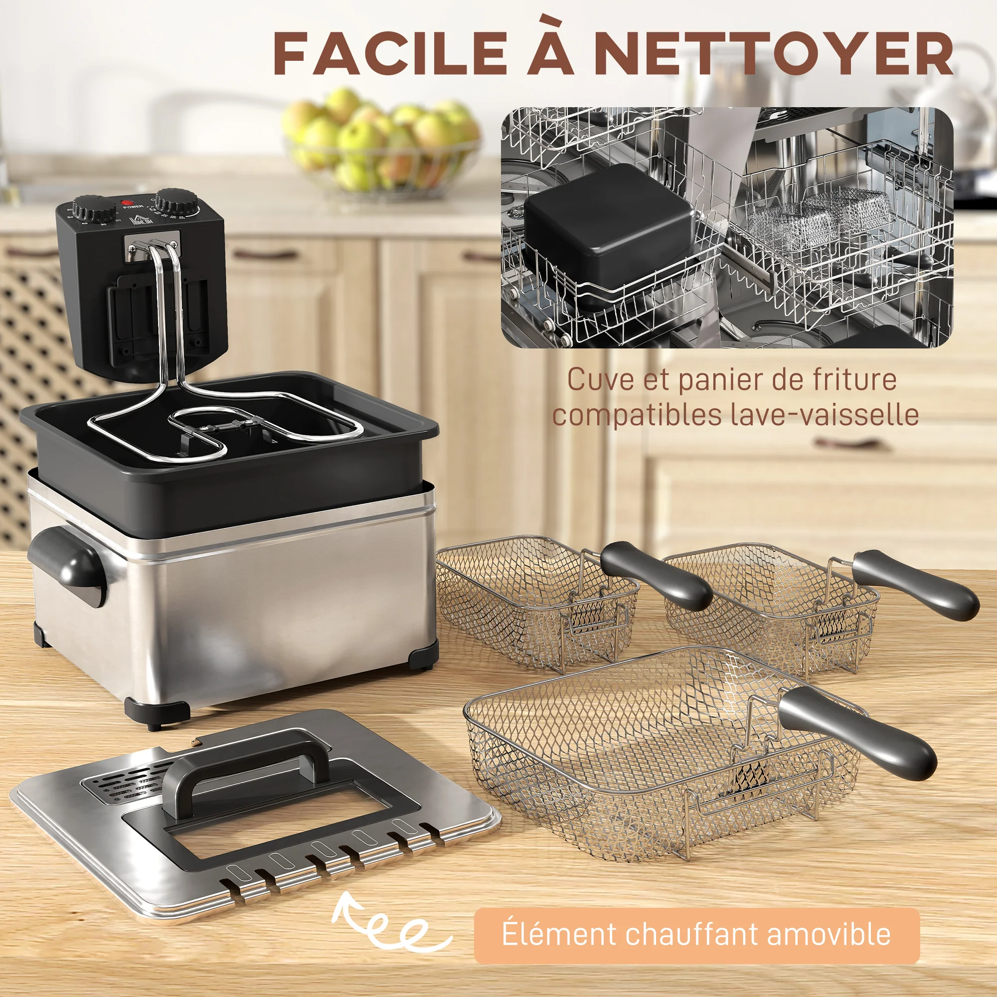 Friteuse 5 litres avec température et minuterie réglables, friteuse en acier inoxydable 2000 W avec panier à huile amovible et fenêtre de visualisation, pour frites et poulet frit - Image 8