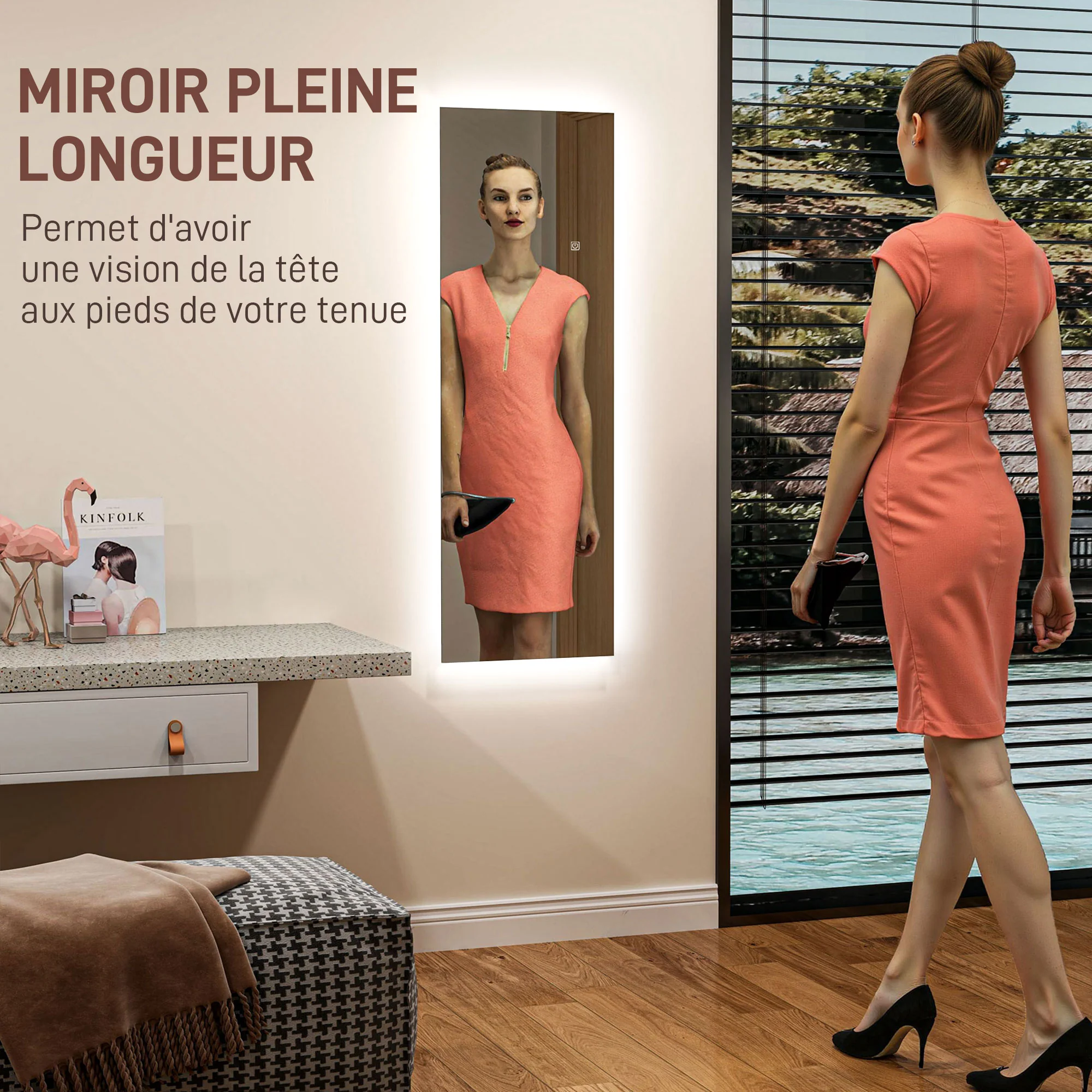Grand miroir mural 120 x 40 cm avec éclairage LED miroir rectangulaire sans carde, anti-déflagrante, intensité variable et 3 couleurs d'éclairage, pour salon et chambre à coucher, transparent - Image 5