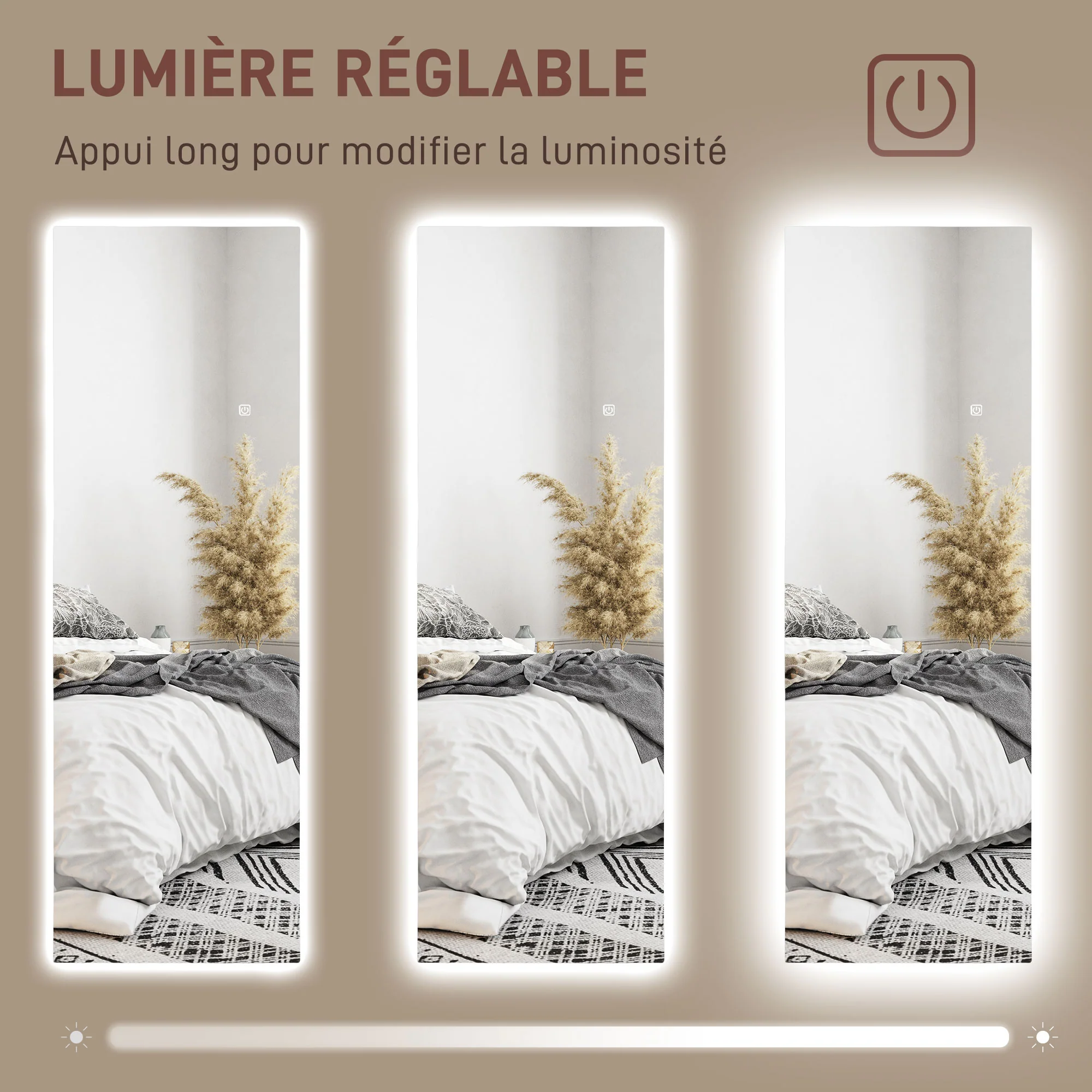 Grand miroir mural 120 x 40 cm avec éclairage LED miroir rectangulaire sans carde, anti-déflagrante, intensité variable et 3 couleurs d'éclairage, pour salon et chambre à coucher, transparent - Image 6