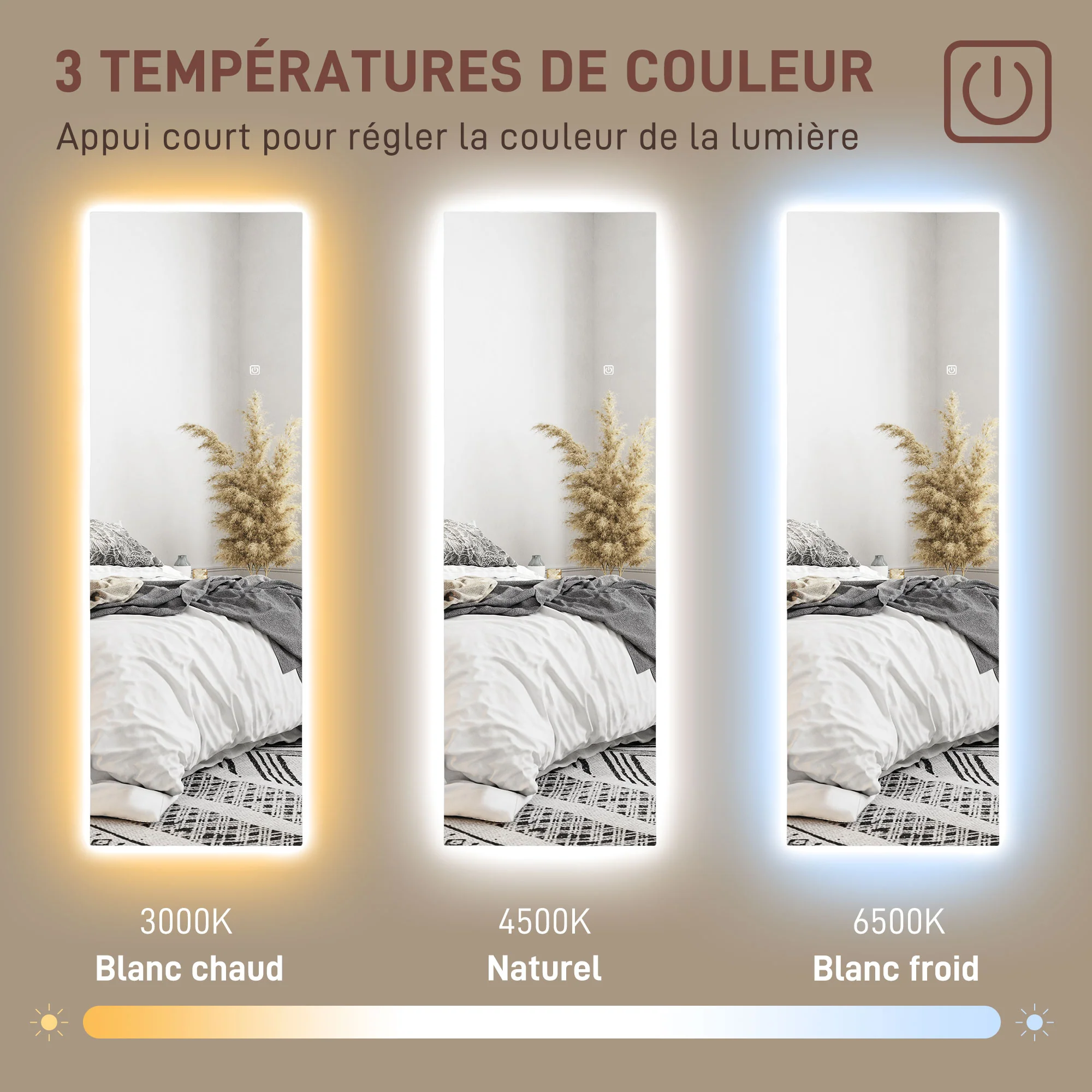 Grand miroir mural 120 x 40 cm avec éclairage LED miroir rectangulaire sans carde, anti-déflagrante, intensité variable et 3 couleurs d'éclairage, pour salon et chambre à coucher, transparent - Image 7