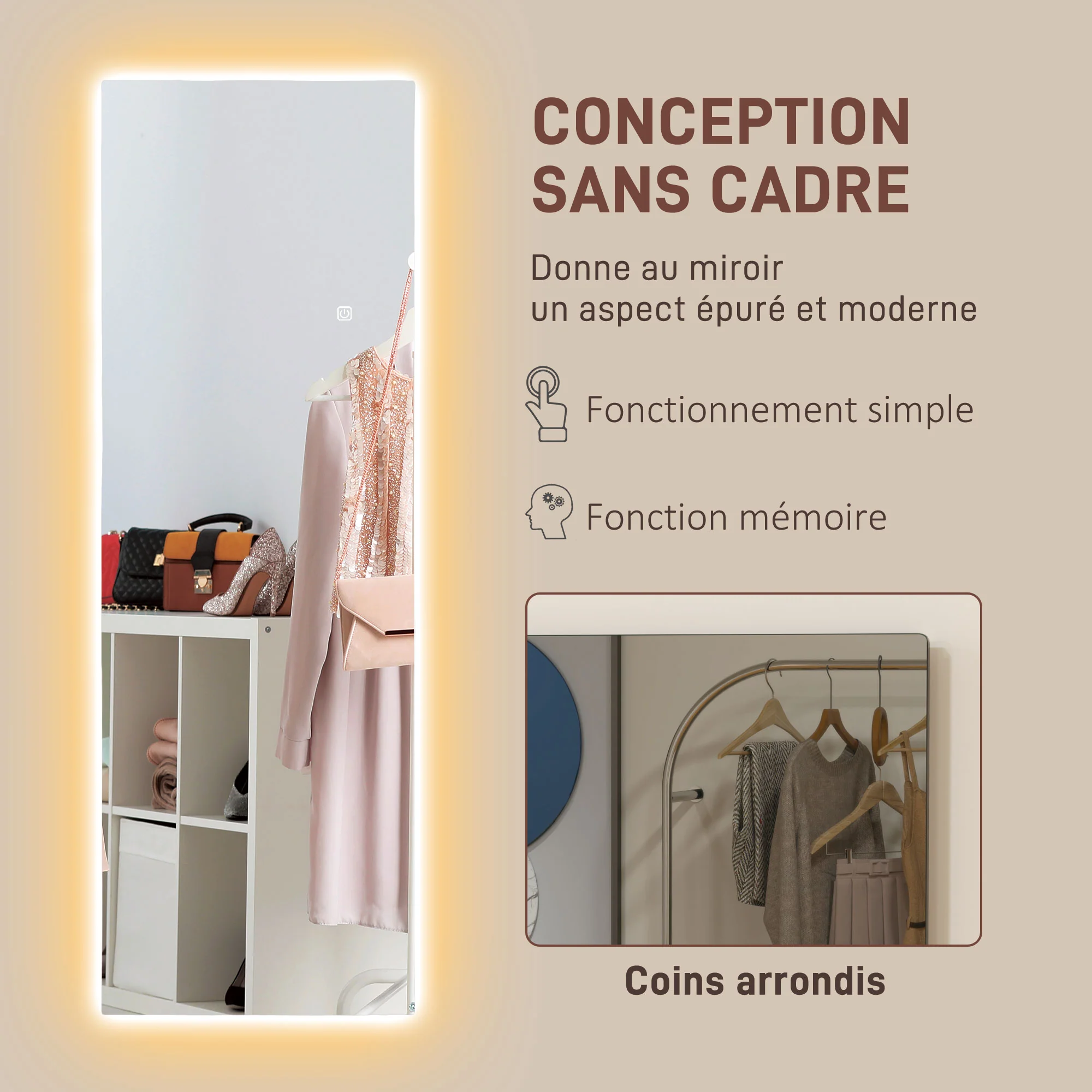Grand miroir mural 120 x 40 cm avec éclairage LED miroir rectangulaire sans carde, anti-déflagrante, intensité variable et 3 couleurs d'éclairage, pour salon et chambre à coucher, transparent - Image 8