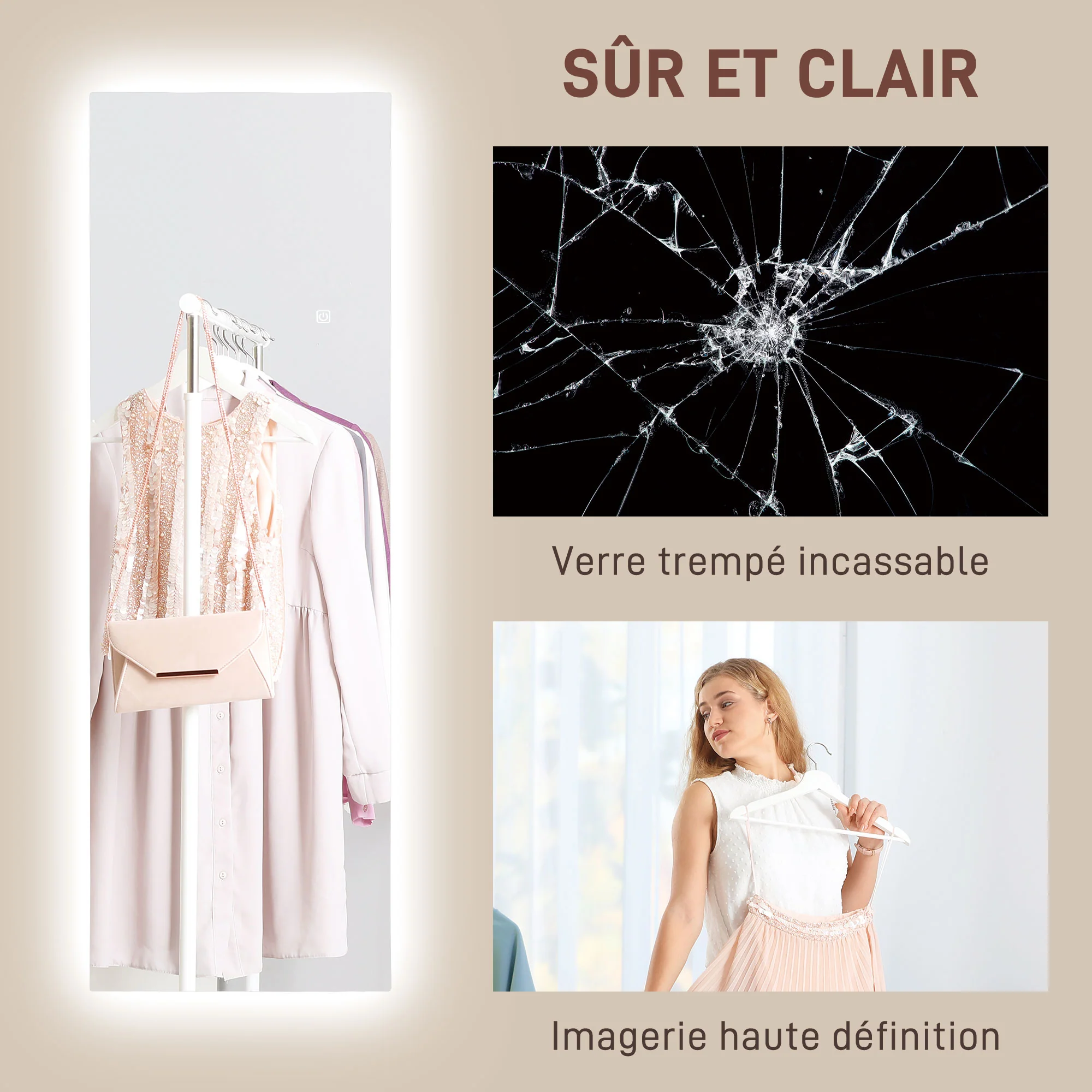 Grand miroir mural 120 x 40 cm avec éclairage LED miroir rectangulaire sans carde, anti-déflagrante, intensité variable et 3 couleurs d'éclairage, pour salon et chambre à coucher, transparent - Image 9