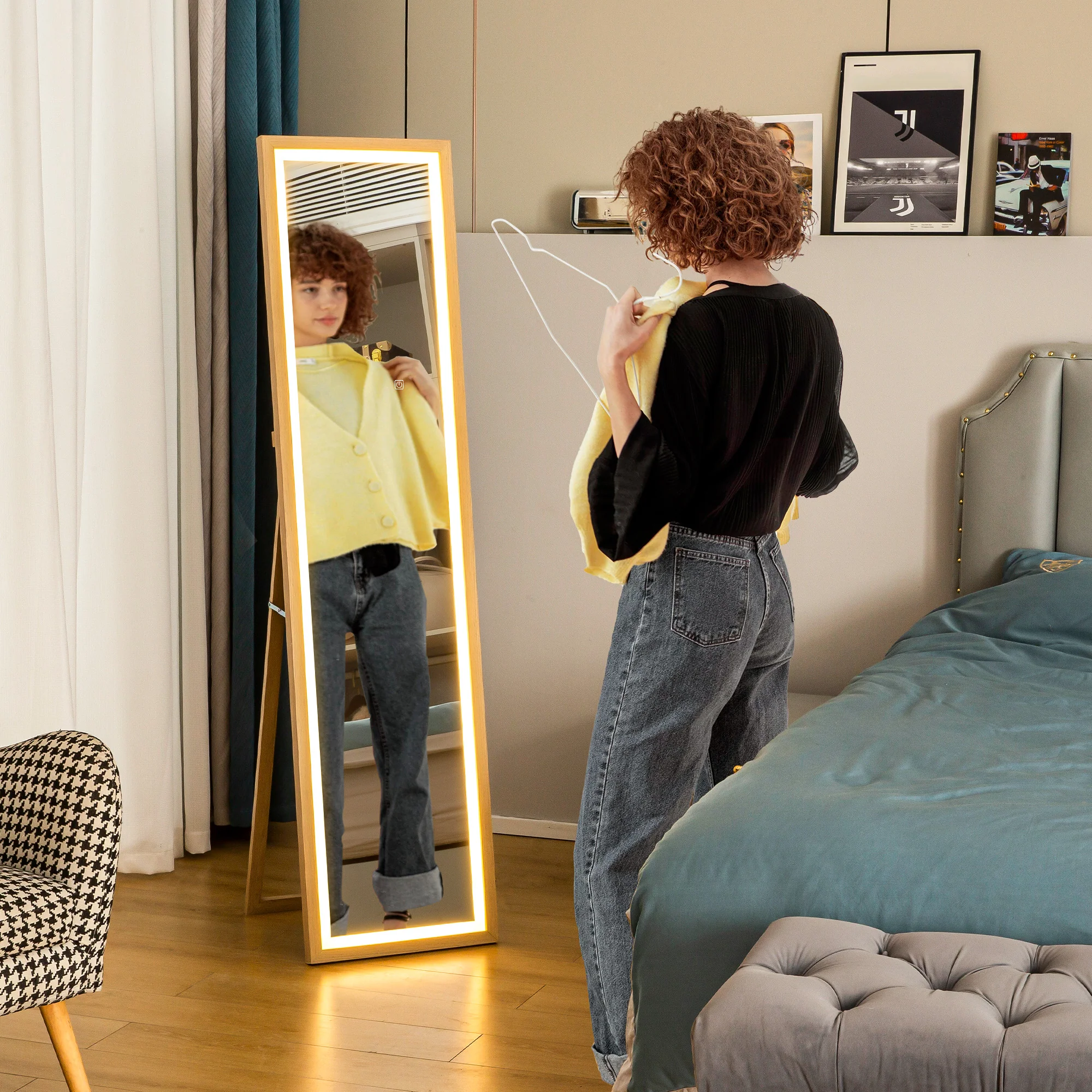 Grand miroir pleine longueur 40 x 160 cm avec éclairage LED 3 couleurs et support, miroir mural ou sur pied rectangulaire pour chambre à coucher salon et dressing, chêne - Image 3