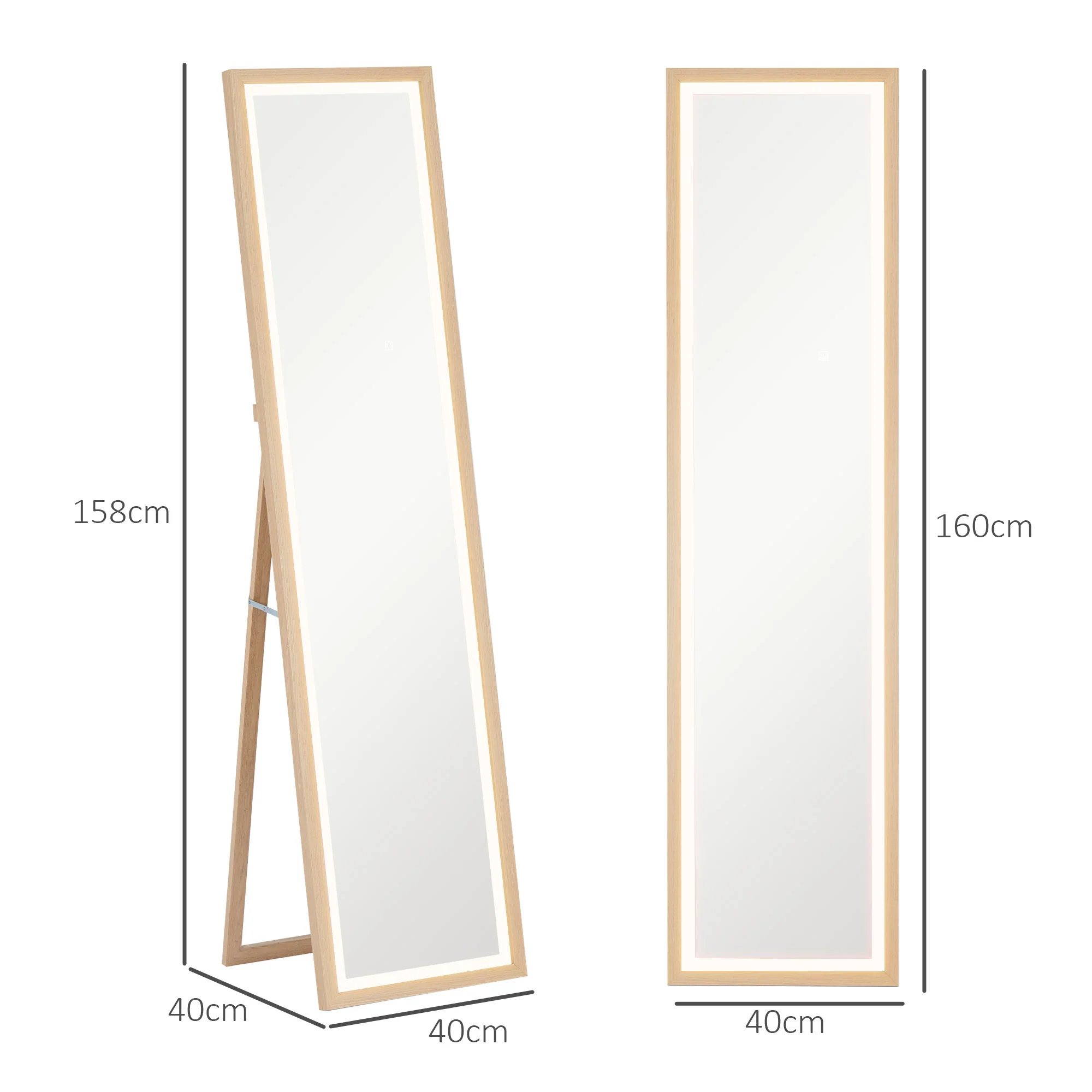 Grand miroir pleine longueur 40 x 160 cm avec éclairage LED 3 couleurs et support, miroir mural ou sur pied rectangulaire pour chambre à coucher salon et dressing, chêne - Image 4