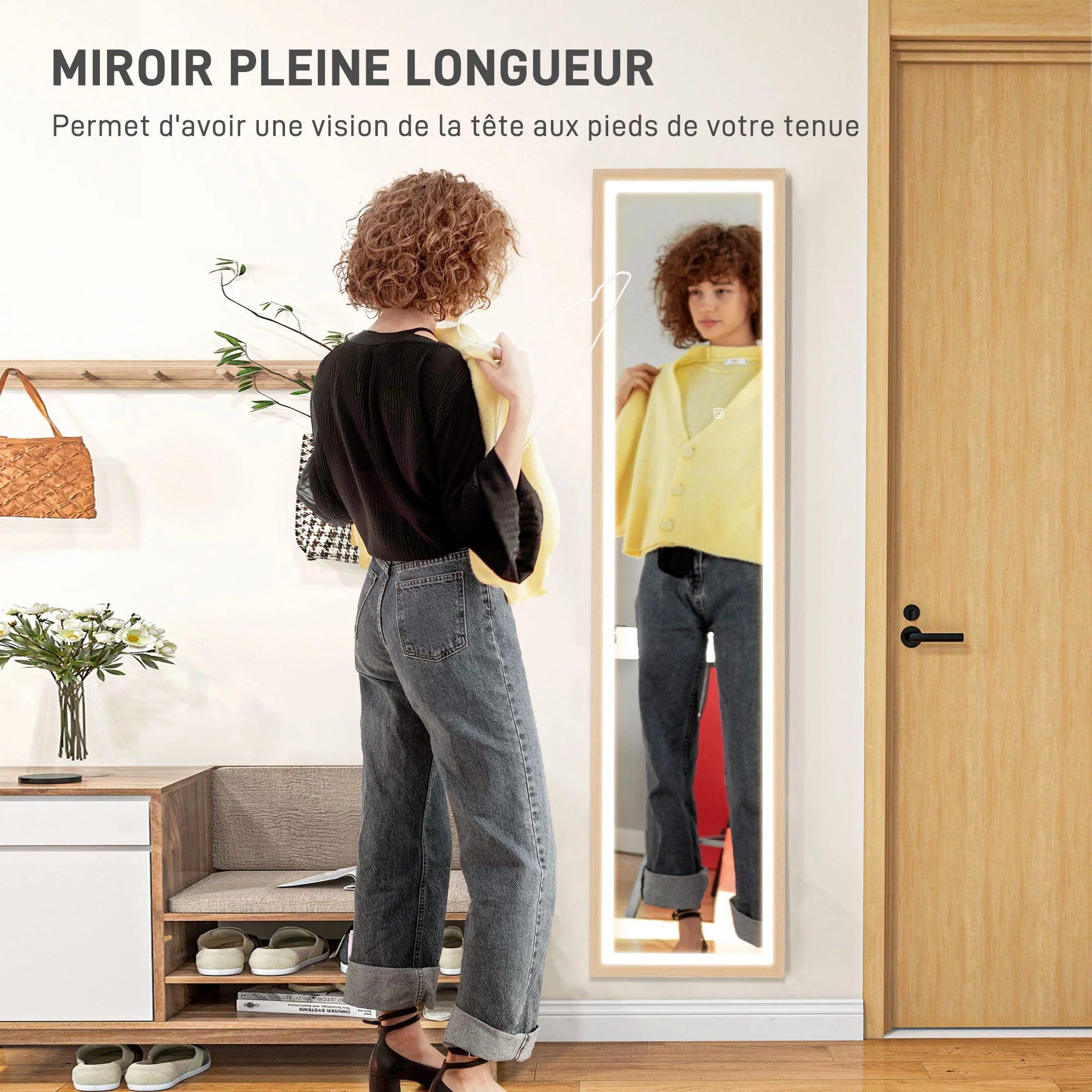 Grand miroir pleine longueur 40 x 160 cm avec éclairage LED 3 couleurs et support, miroir mural ou sur pied rectangulaire pour chambre à coucher salon et dressing, chêne - Image 5