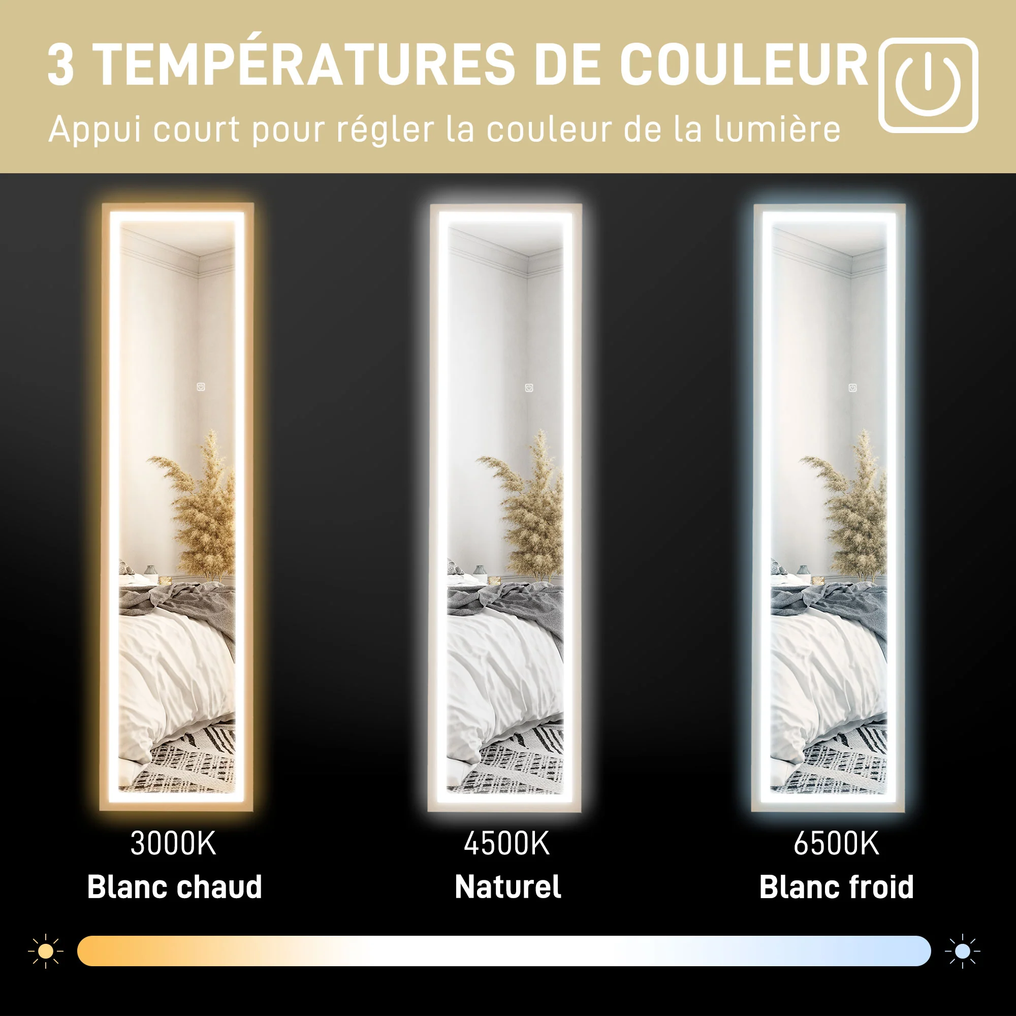 Grand miroir pleine longueur 40 x 160 cm avec éclairage LED 3 couleurs et support, miroir mural ou sur pied rectangulaire pour chambre à coucher salon et dressing, chêne - Image 7