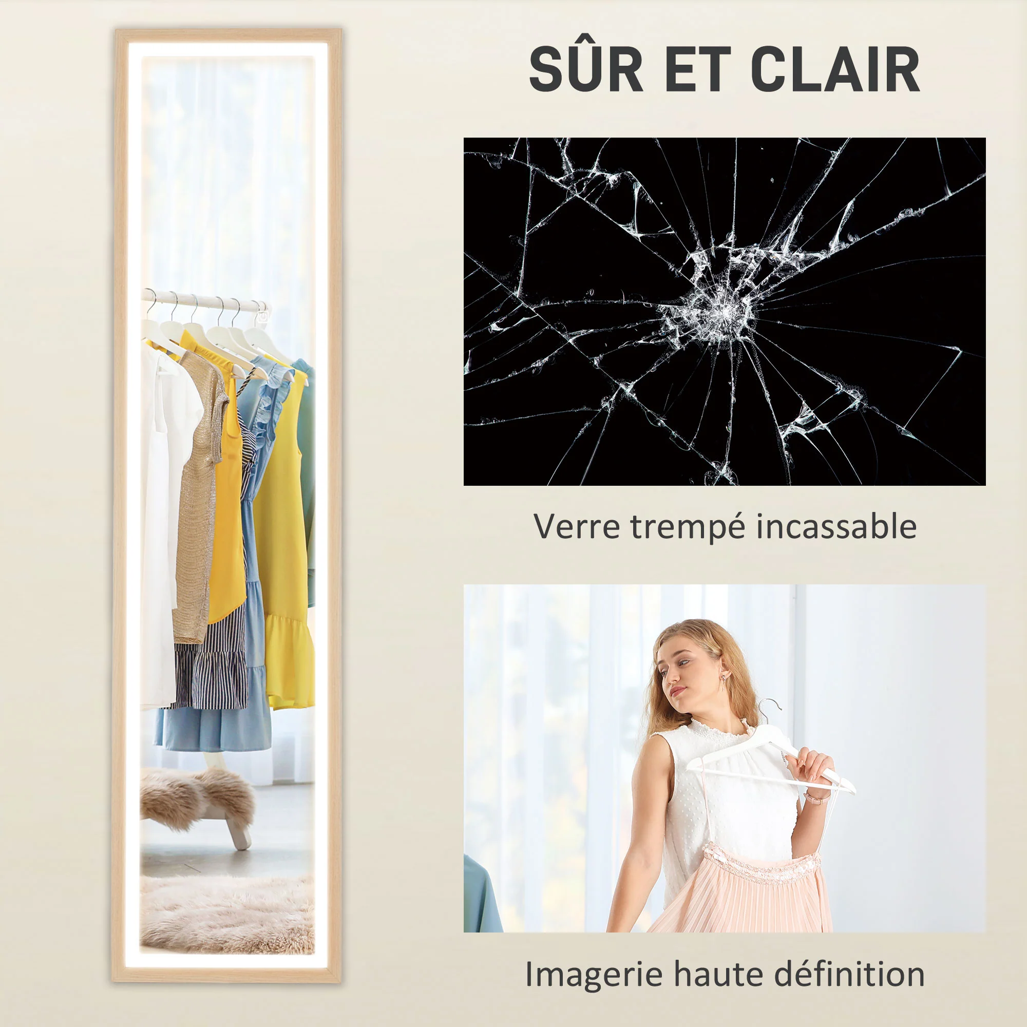 Grand miroir pleine longueur 40 x 160 cm avec éclairage LED 3 couleurs et support, miroir mural ou sur pied rectangulaire pour chambre à coucher salon et dressing, chêne - Image 9