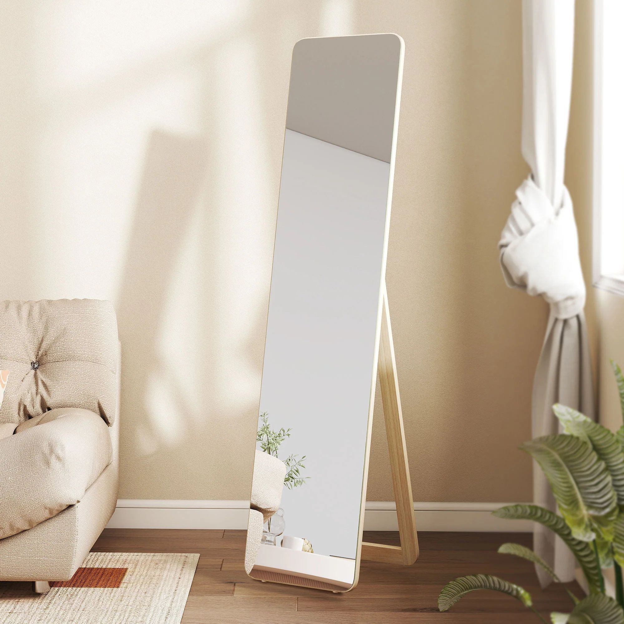 Grand miroir pleine longueur rectangulaire, 37 x 160 cm - miroir sur pied ou mural - pour chambre à coucher, salon et dressing, bois naturel - Image 10