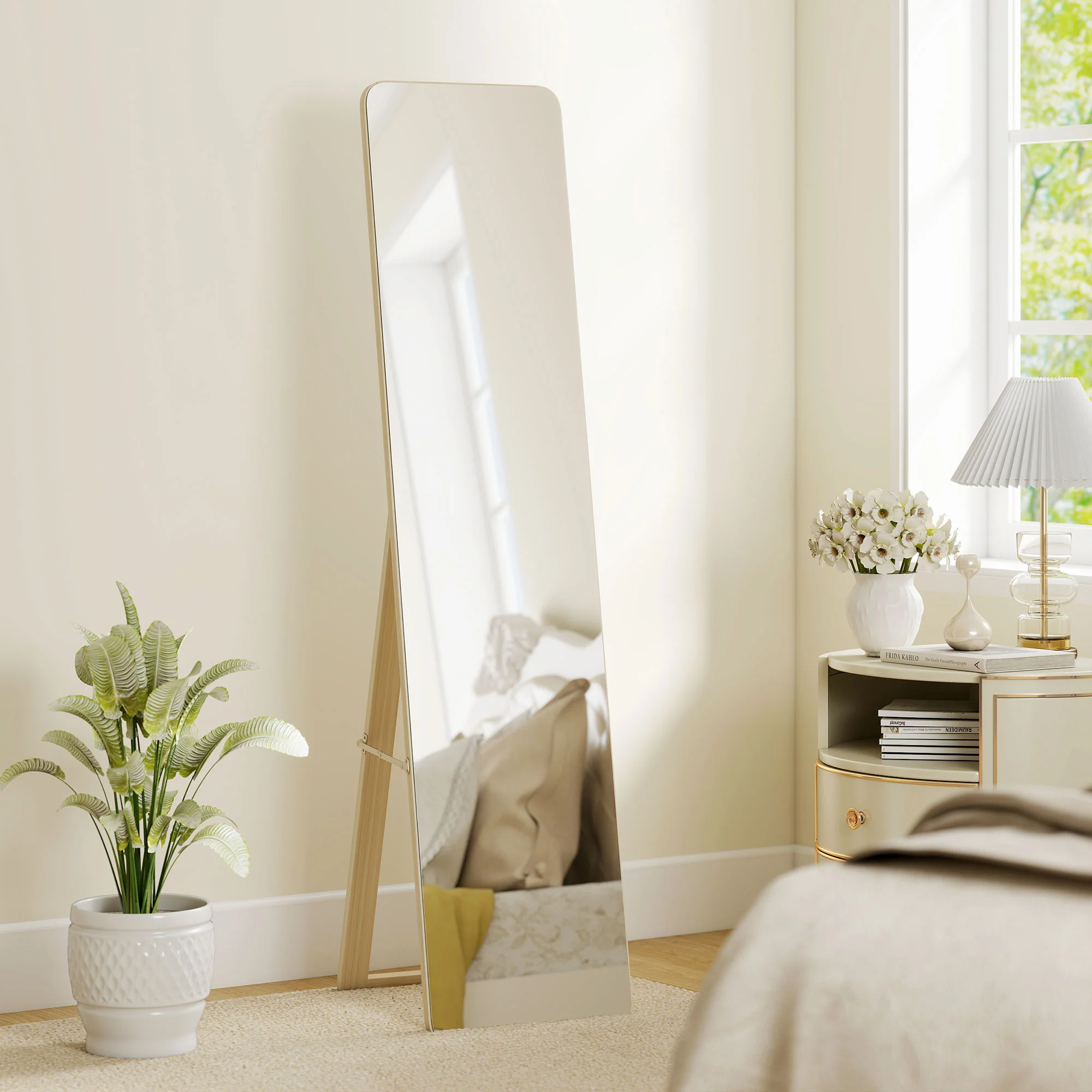 Grand miroir pleine longueur rectangulaire, 37 x 160 cm - miroir sur pied ou mural - pour chambre à coucher, salon et dressing, bois naturel - Image 11