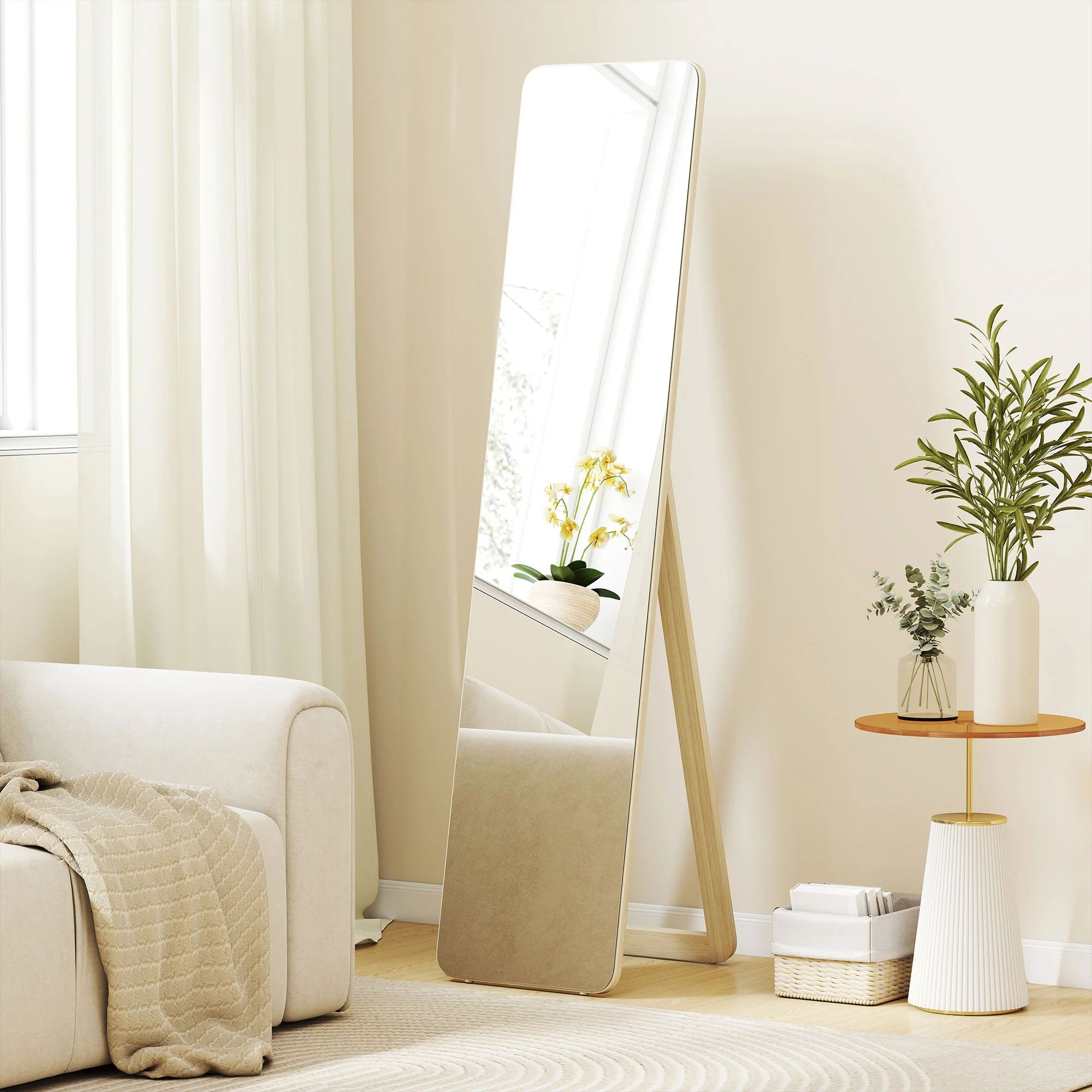 Grand miroir pleine longueur rectangulaire, 37 x 160 cm - miroir sur pied ou mural - pour chambre à coucher, salon et dressing, bois naturel - Image 3