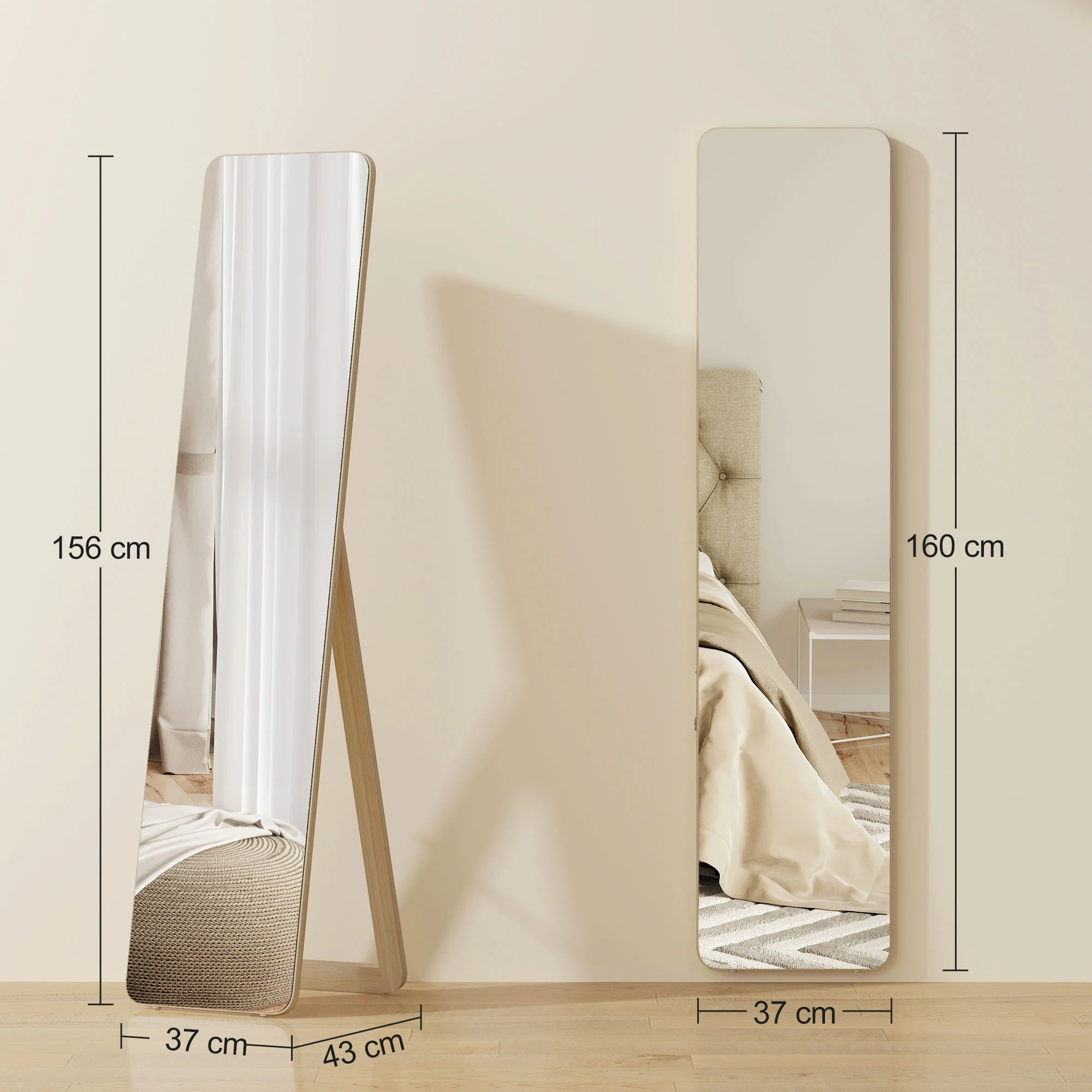 Grand miroir pleine longueur rectangulaire, 37 x 160 cm - miroir sur pied ou mural - pour chambre à coucher, salon et dressing, bois naturel - Image 4